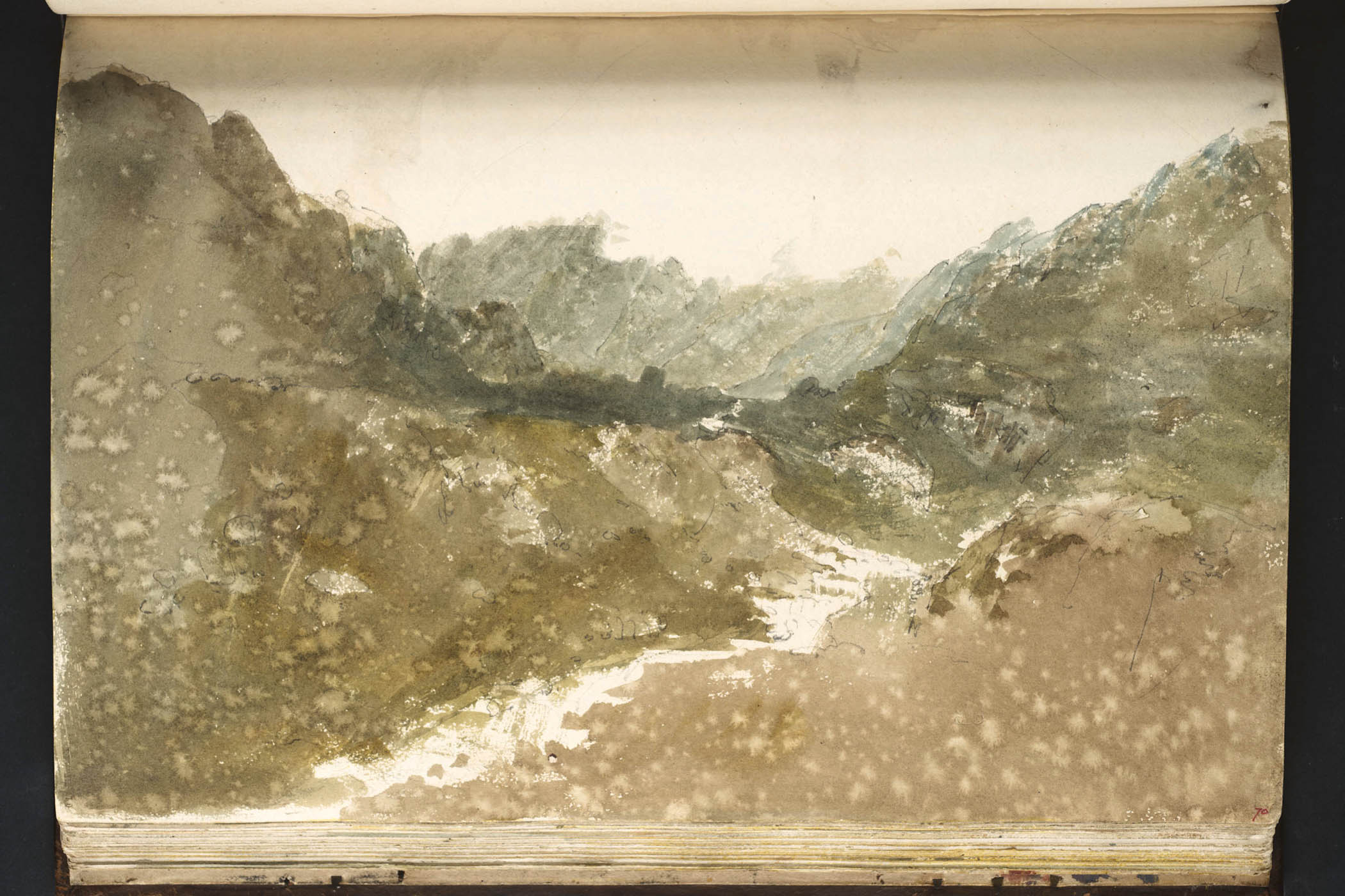 Rain mottles the page in Turner’s Cader Idris – A Stream among Rocks near the Summit, 1798, a watercolour transporting us to the Welsh hills