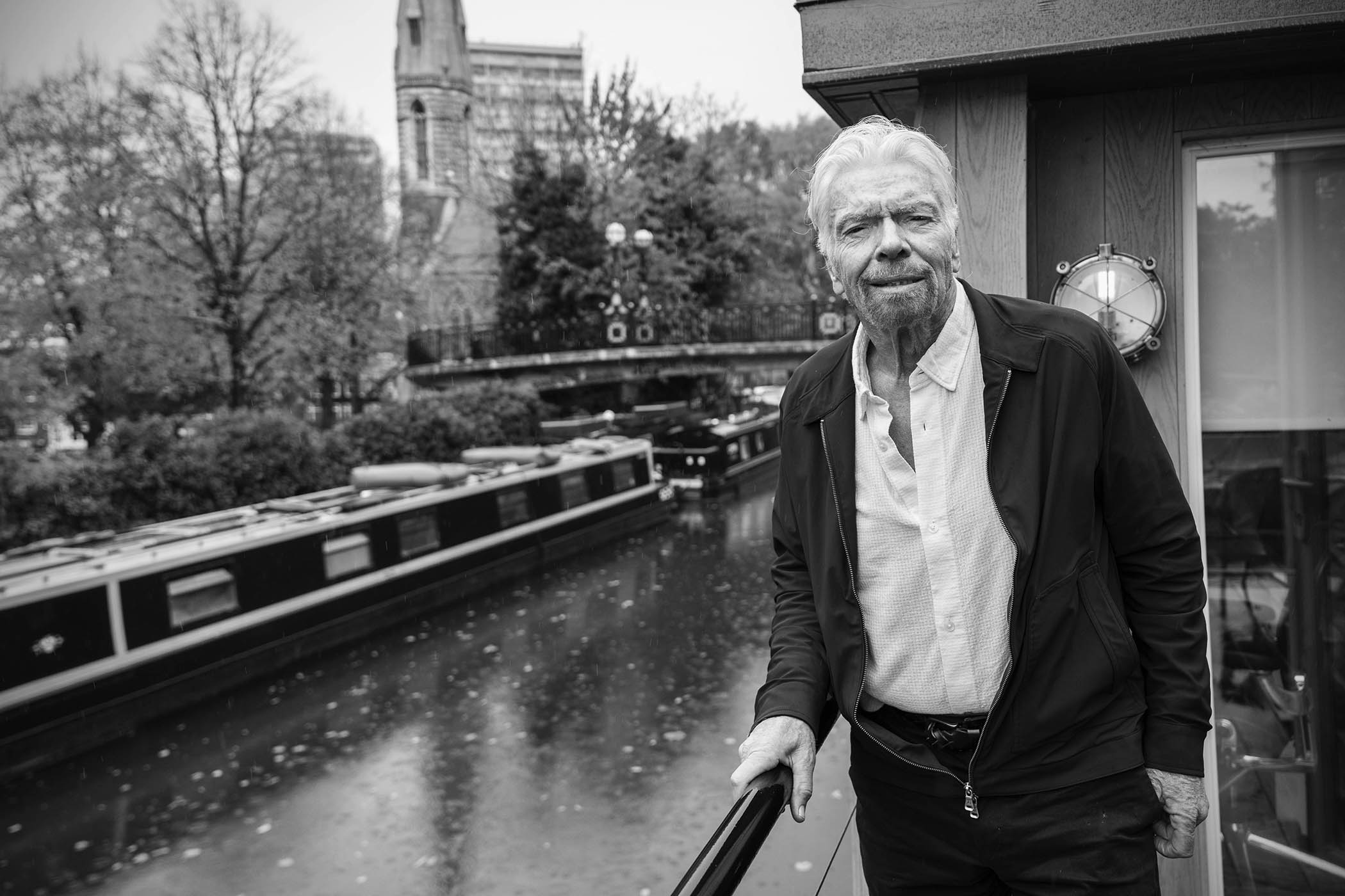 Branson on the deck of the houseboat Duende, where he and Joan lived with their young family