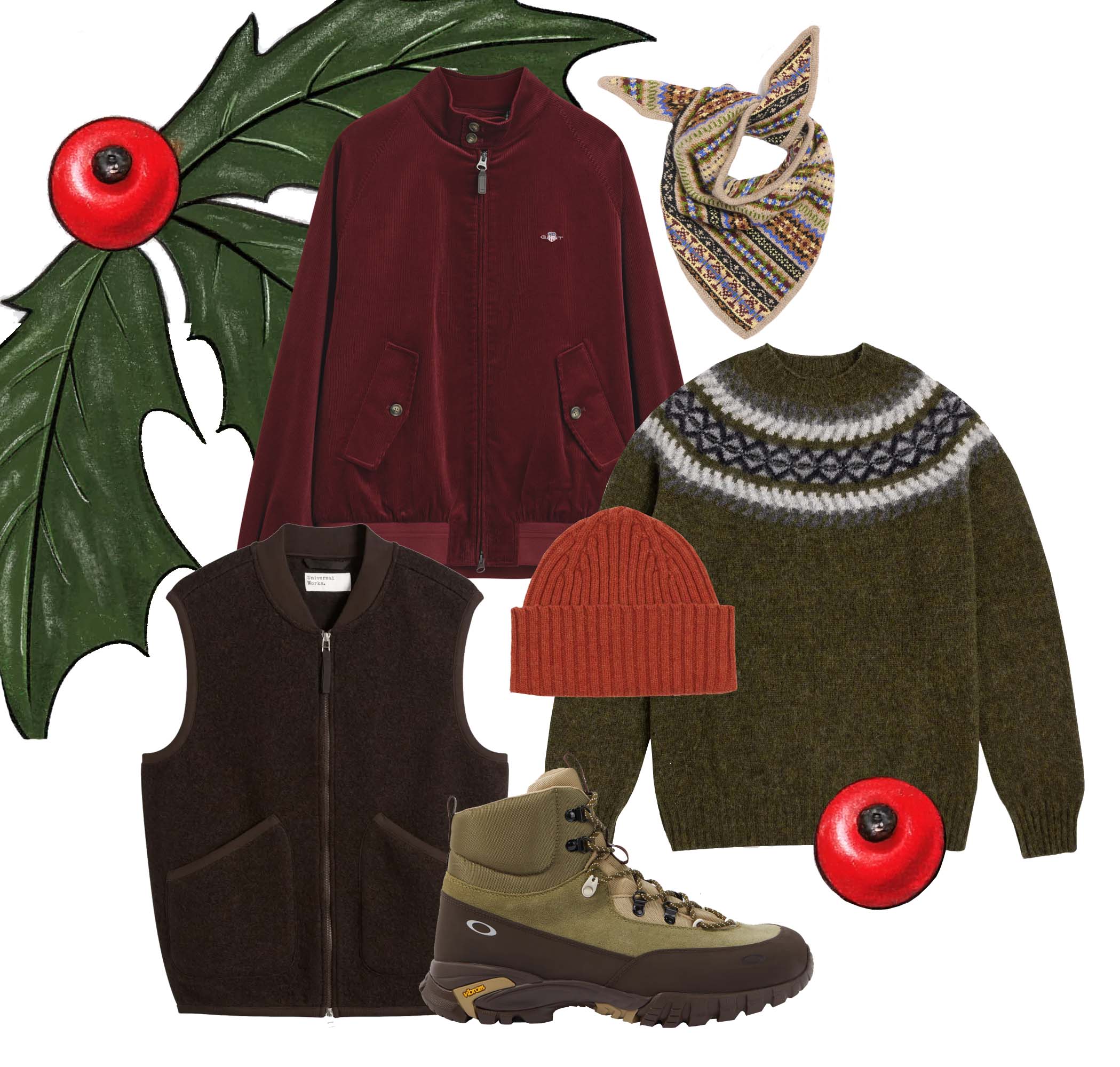 Red Harrington jacket, £280, Gant. Fair isle foulard £225, &Daughter. Crew in olive wool, £195, Kestin. Rust knit cap, £55, Drake's. Fleece waistcoat, £119, Universal Works (End Clothing). Hiking boots, £175, Oakley (Mytheresa)