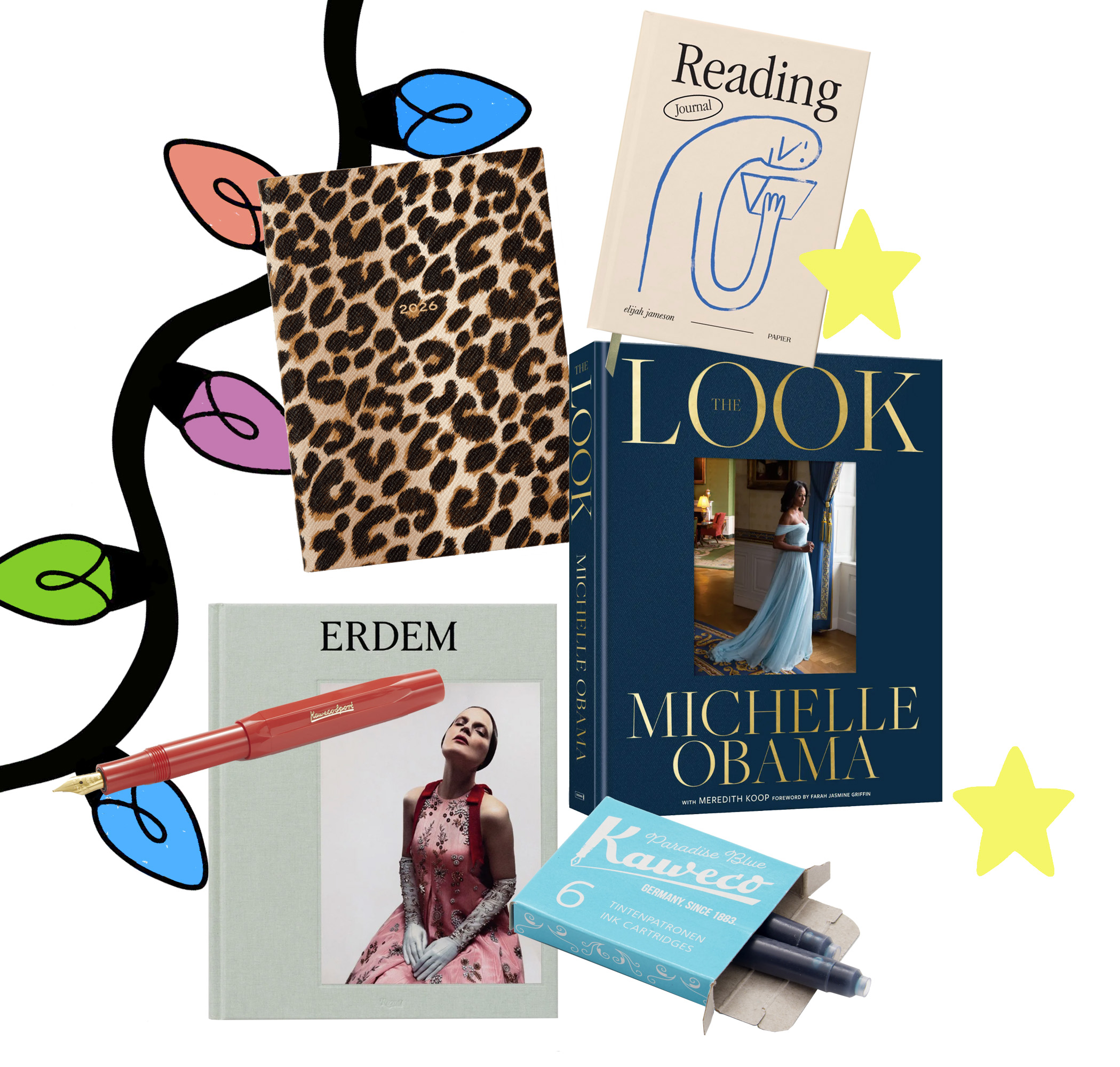 Reading journal, £29, Papier. Leopard weekly diary, £225, Smythson. The Look by Michelle Obama, £35, Waterstones. Erdem book, £100, Erdem. Fountain pen £25 and ink cartridges £2, both Choosing Keeping