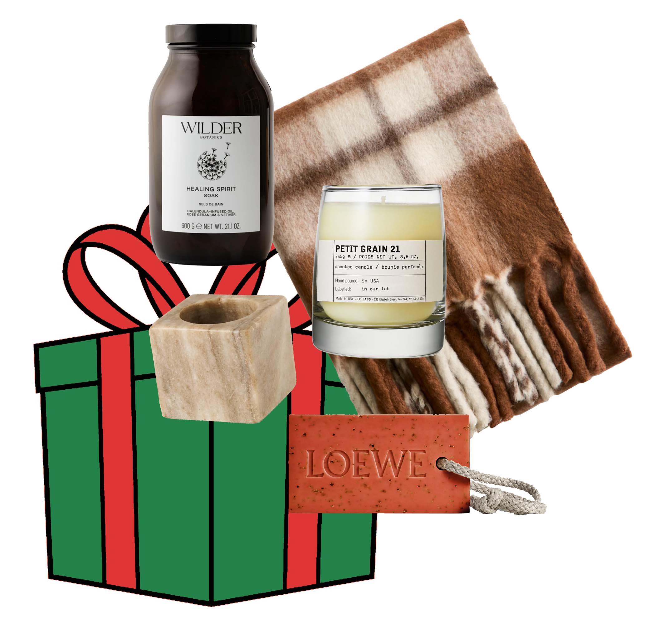 Spirit soak, £44, Wilder Botanics. Wool-blend blanket, £34.99, H&M. Petit Grain 21 candle, £68, Le Labo. Tea light holder, £4.64, Sostrene Grene. Tomato Leaves soap bar £52, Loewe
