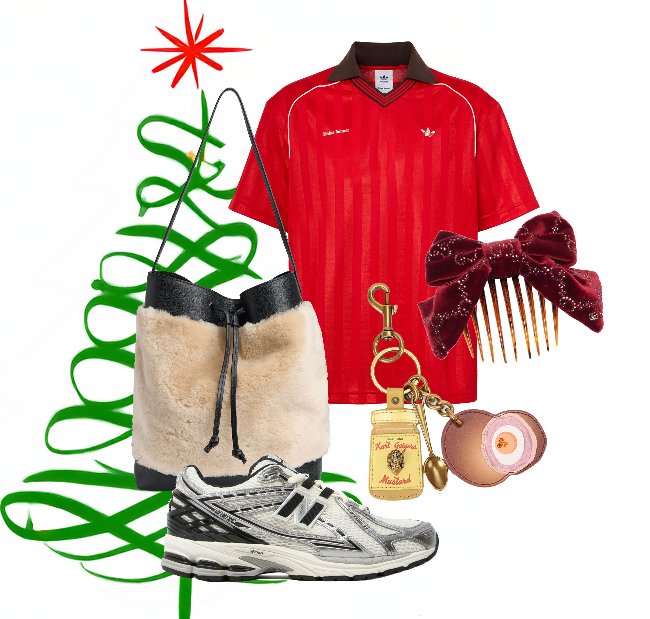 Red polo shirt, Adidas x Wales Bonner (Mytheresa). Shearling tote bag, £259, Whistles. Velvet hair comb, £435, Gucci (Mytheresa). Scotch egg keyring, £89, Kurt Geiger. White & black 1906R trainer, £140, New Balance (Schuh)