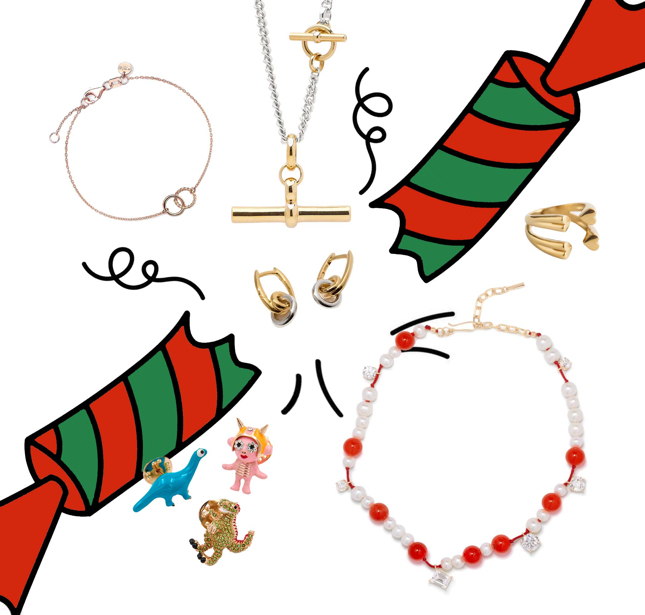 T-Bar chain necklace, £425, Tilly Sveaas. Nested hoops bracelet, £250, Reis Jewellery. Loop drop earrings, £140, Otiumberg. Heart cuff ring £23, & Other Stories. Enamel pin trio, £75, Essentiel Antwerp. Pearl and orange quartz necklace, £355, Completedworks