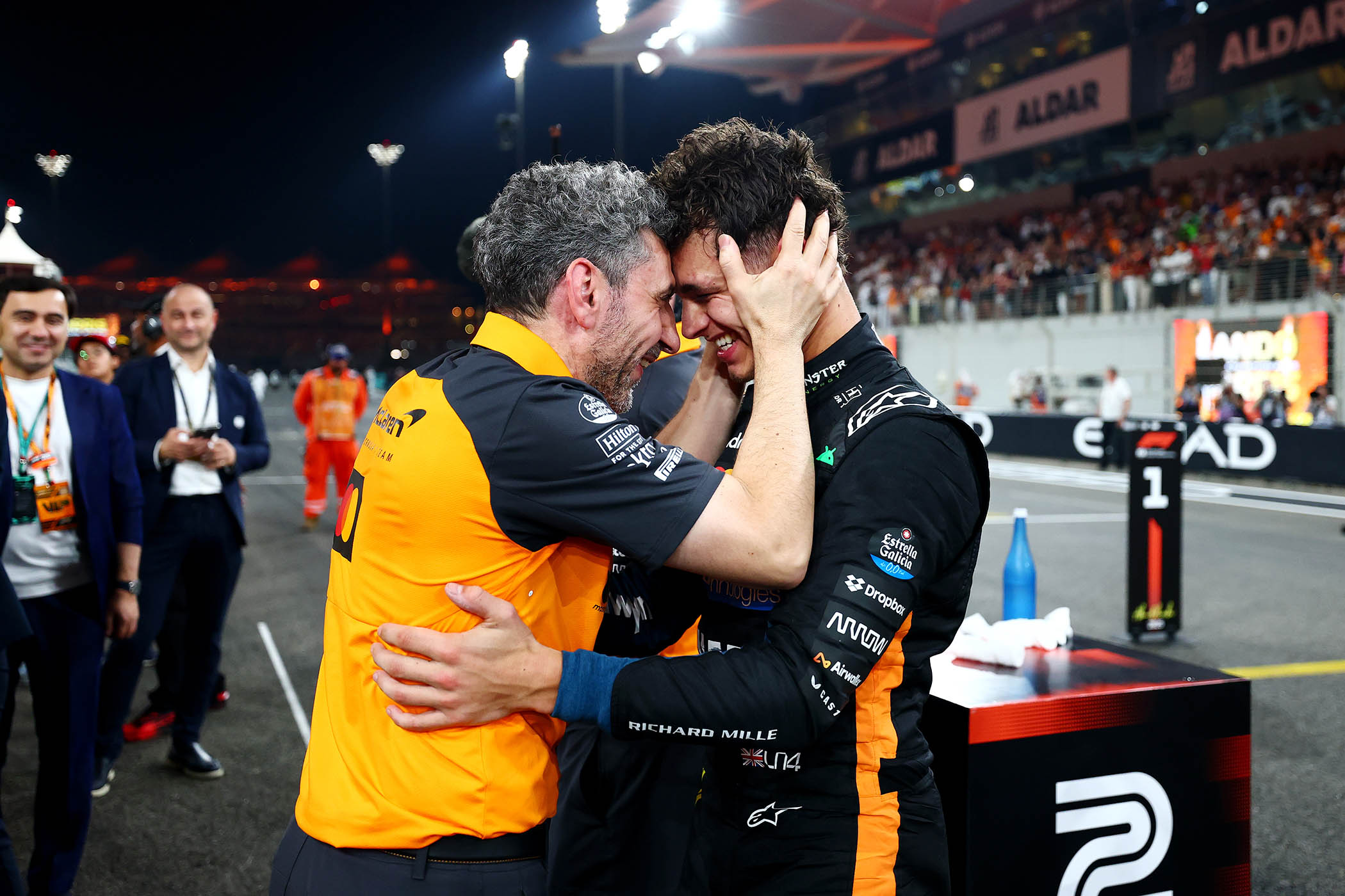 Lando Norris celebrates with Andrea Stella, team principal of McLaren