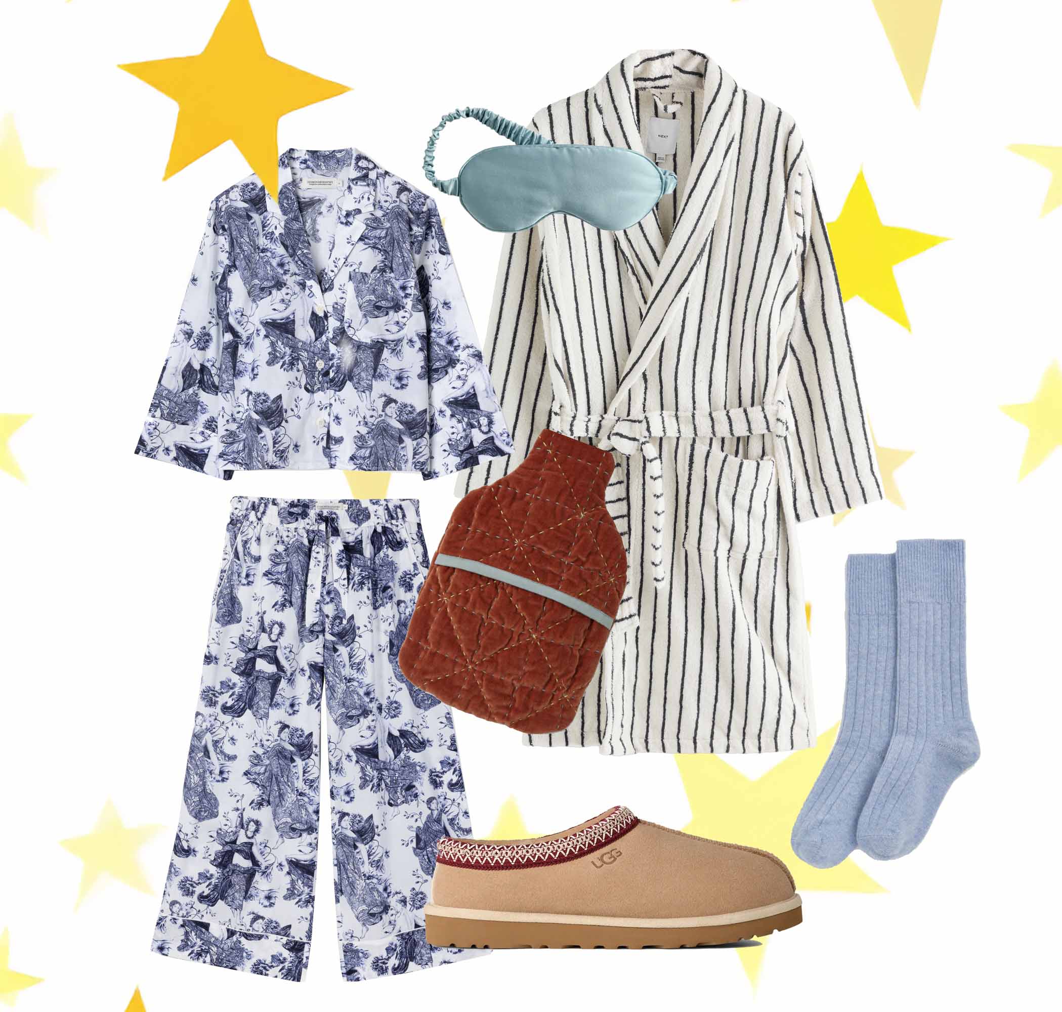 Stripe dressing gown, £46, Next. Mulberry silk eye mask, £16, M&S. Pyjama set, £180, Desmond and Dempsey. Quilted hot-water-bottle cover, £46, Toast. Merino bed socks, £15, Pairs. Tasman slippers, £115, Ugg