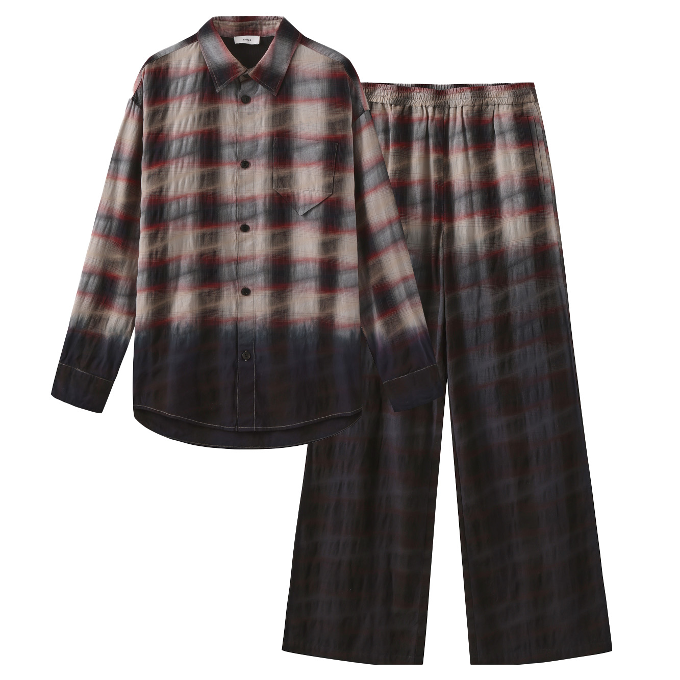 Hand-dyed plaid shirt £288 and trousers £315, both 8ON8