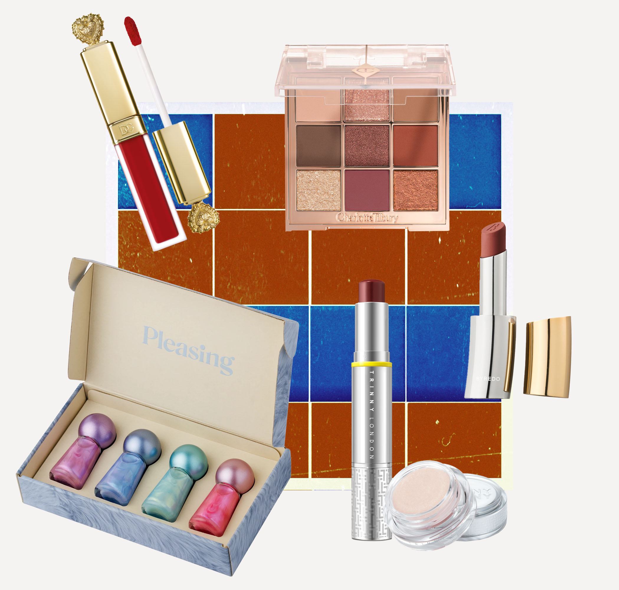 Everkiss liquid lip, £40, Dolce & Gabbana. Sunset eyeshadow palette, £49, Charlotte Tilbury. Satin lipstick, £50, Byredo. Lips, cheeks and eyes stick £36 and miracle blur £28, both Trinny London. Bejeweled polish set, £65, Pleasing