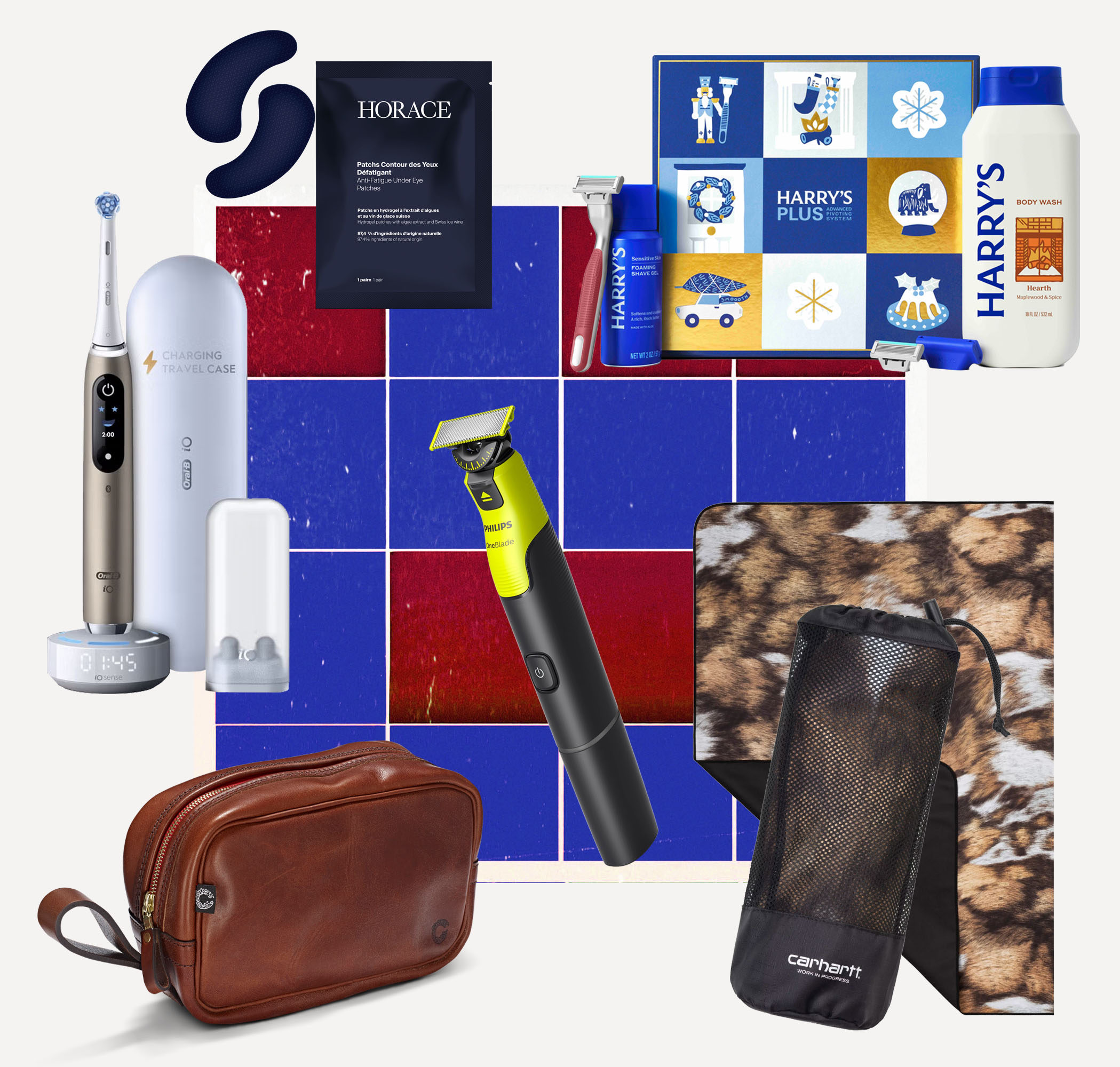 Anti-fatigue under-eye patches, £22, Horace. Shower & shave set, £30, Harry's. Packable towel, £35, Carhartt Wip. OneBlade shaver £69.99, Philips. Vintage leather wash bag, £174, Croots England. iO10 electric toothbrush, £280, Oral-B