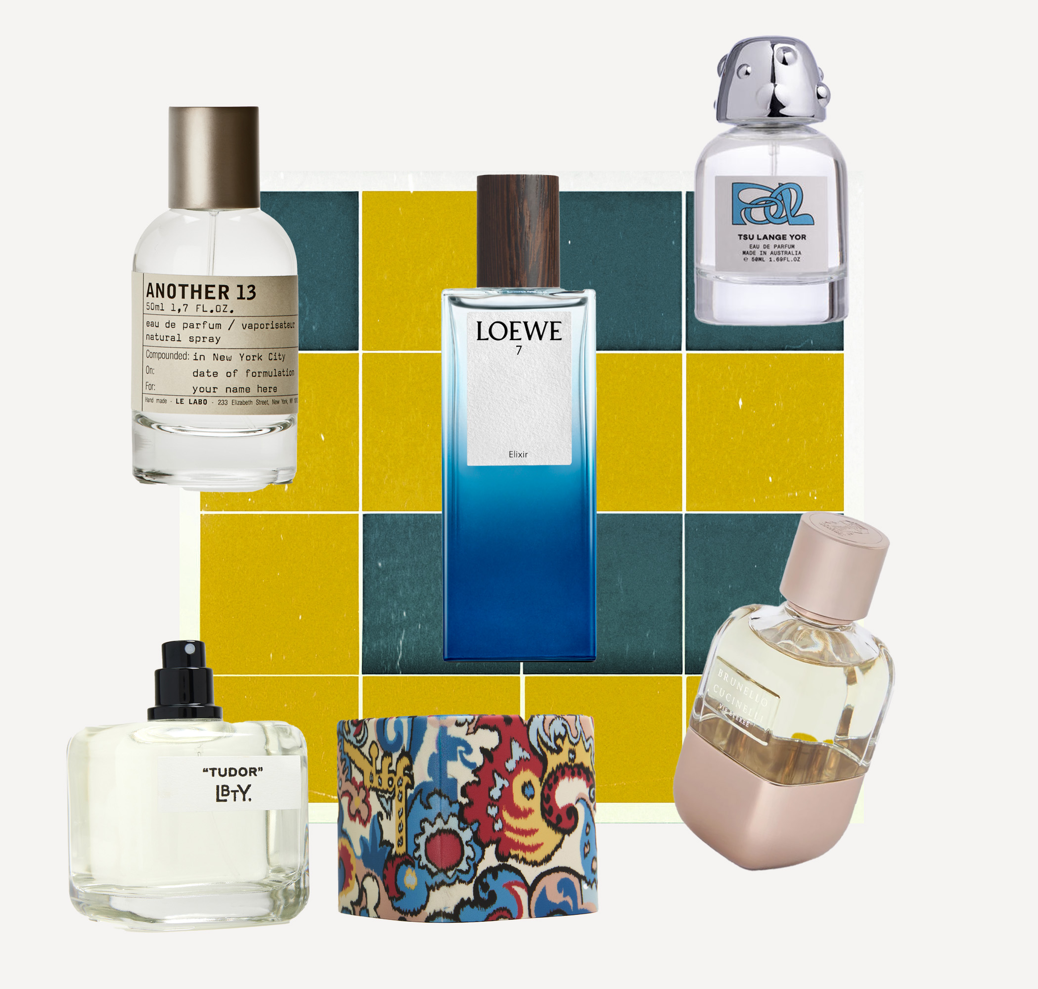 Another 13, £172, Le Labo. 7 Elixir, £139, Loewe. Pool Eau de Parfum, £126, Tsu Lange Yor from Space NK. Vie Eteree perfume, £255, Brunello Cucinelli. Tudor Eau de Parfum, £225, LBTY from Liberty