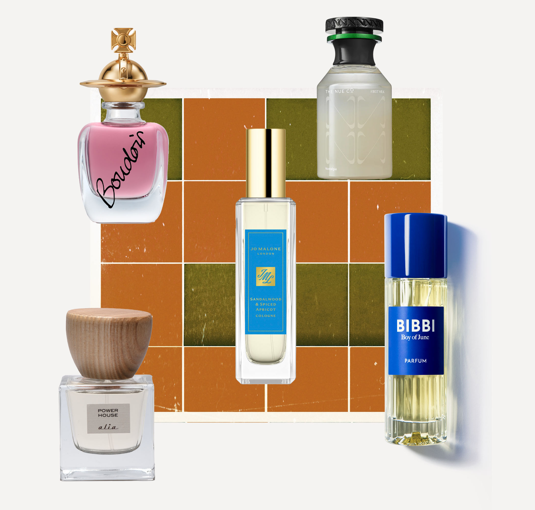 Boudoir Eau de Parfum, £105, Vivienne Westwood. Milk fragrance, £125, The Nue Co. Sandalwood & spiced apricot cologne, £59, Jo Malone. Boy of June perfume, £225, Bibbi. Power house Eau de Parfum, £60, Alia