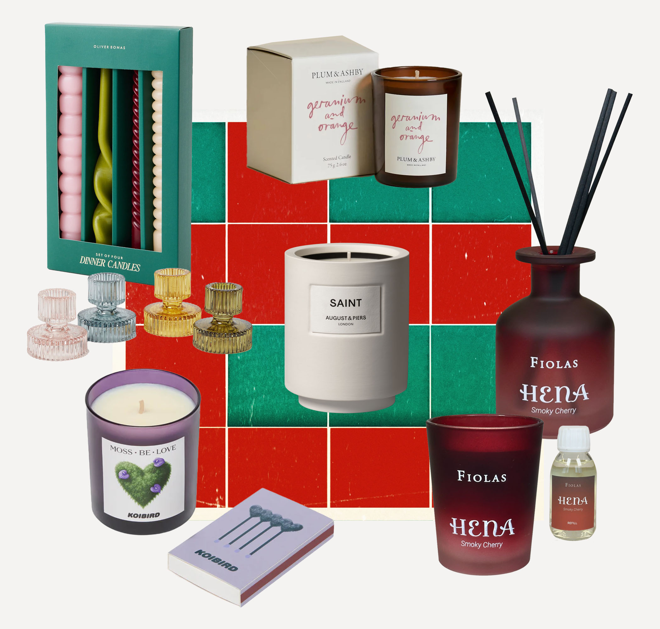 Twirls and swirls candles set, £16.50 and glass candlestick holders, £19.50, both Oliver Bonas. Geranium ans orange candle, £33, Plum & Ashby. Saint candle, £66, August & Piers. Smoky cherry candle and diffuser set, £119.99, Fiolas. Moss be love candle & matches set, £60, Koibird