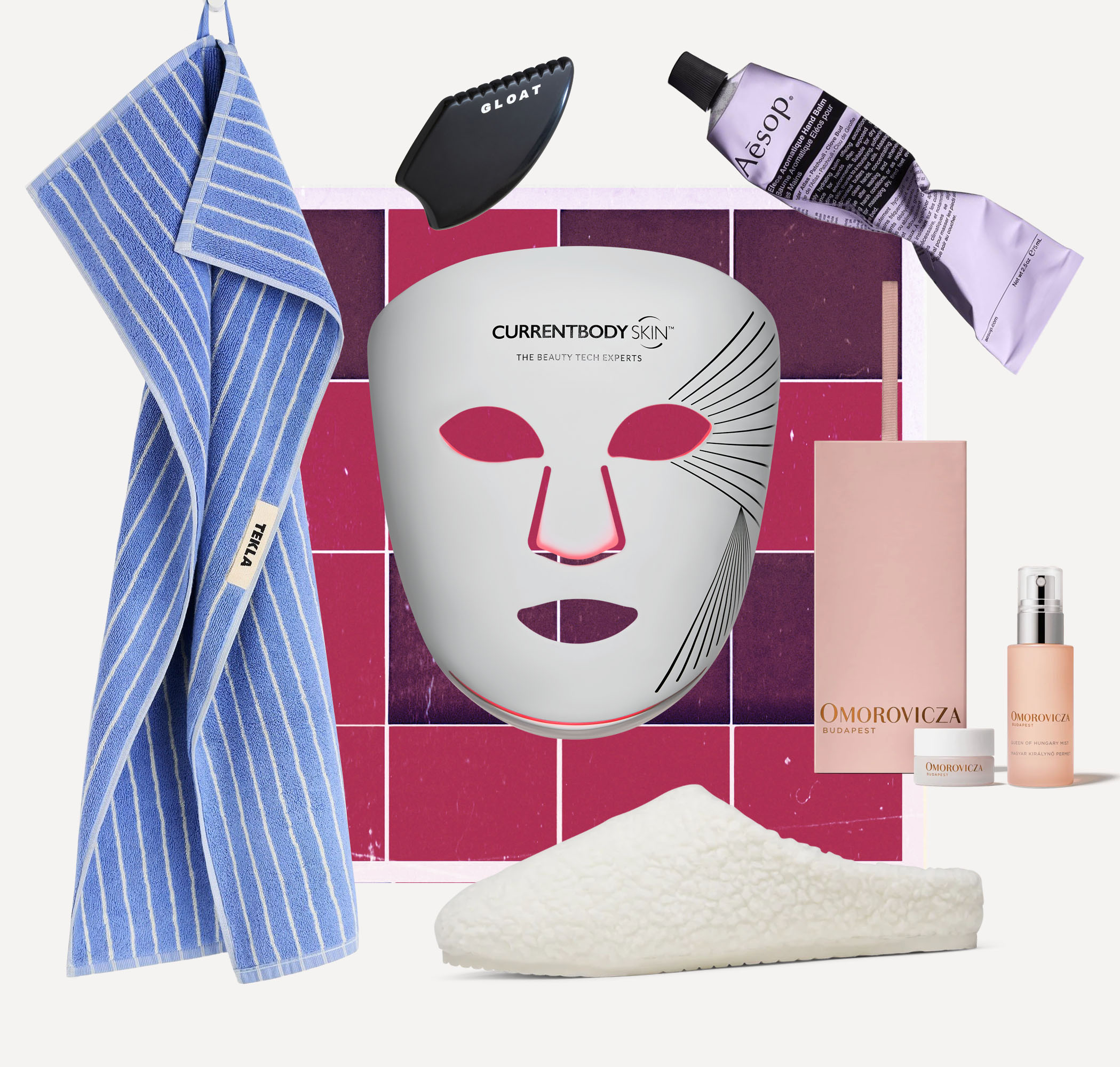 Gua sha massage tool, £35, Gloat. Aromatique hand balm, £27, Aesop. Mist and lip balm set, £49, Omorovicza. Slippers, £70, Allbirds. Red light therapy face mask, £399.99, Currentbody. Bath towel, £80, Tekla