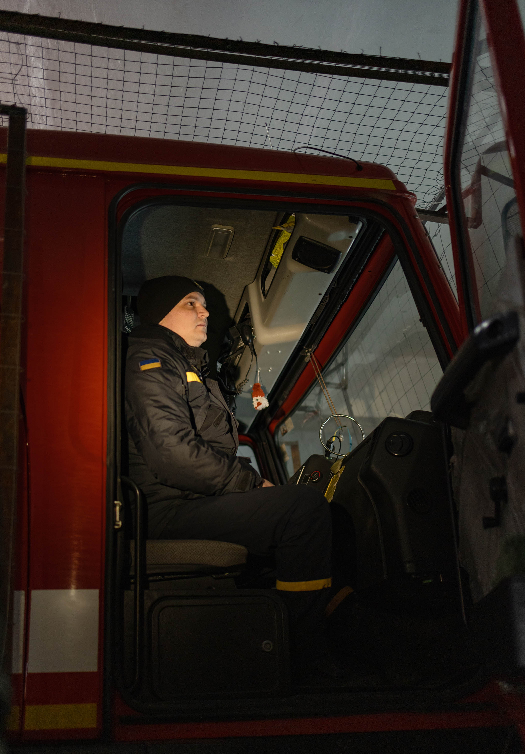A Ukrainian emergency responder during his shift at a fire station in Sloviansk