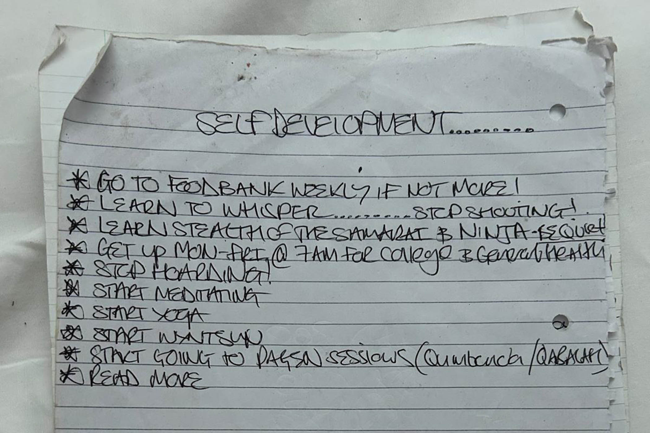 James’s ‘self development list’, found in his flat by his brother, Karl