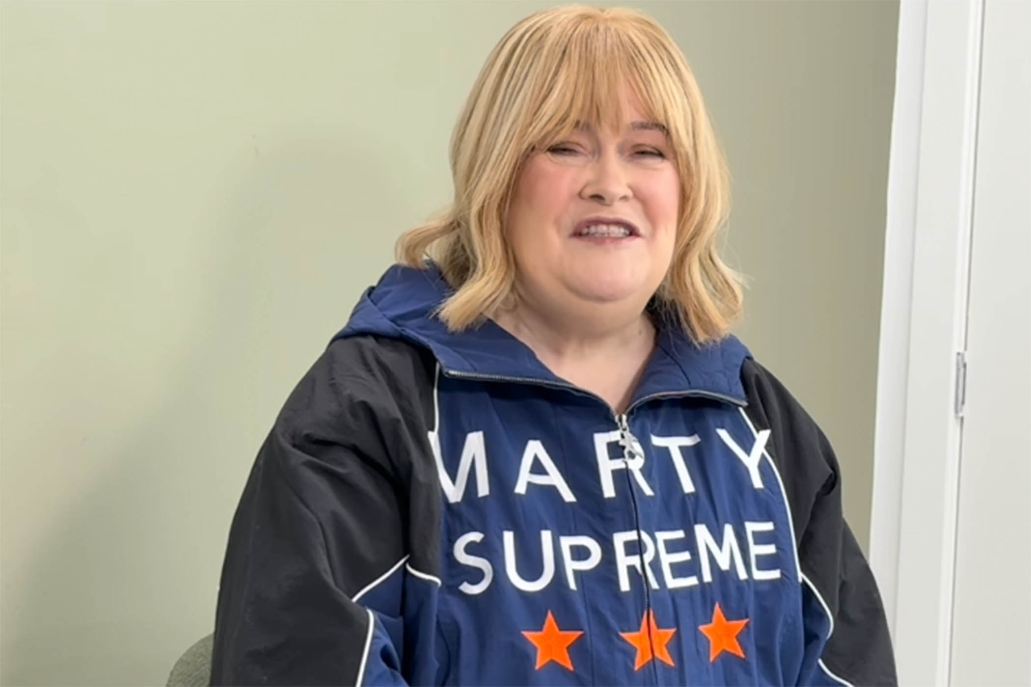 Susan Boyle in Marty Supreme jacket gifted by Timothee Chalamet
