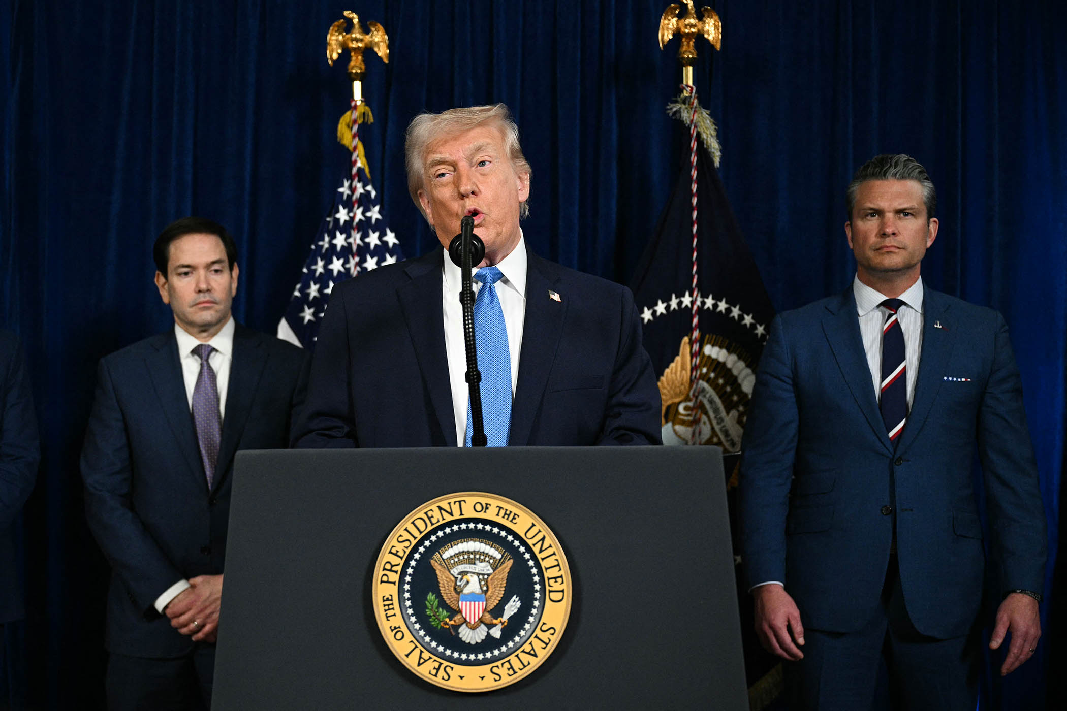 Trump holds a press conference at Mar-a-Lago alongside Secretary of State Marco Rubio and US Secretary of Defence Pete Hegseth