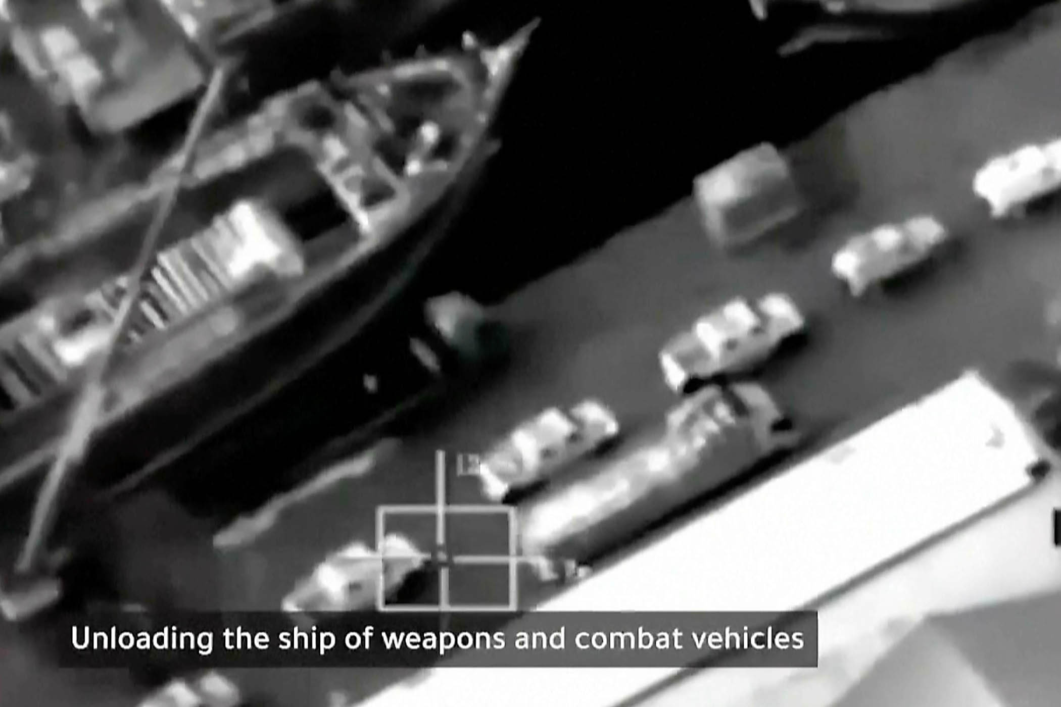 Still from a Saudi video that the kingdom describes as a shipment of weapons and armoured vehicles coming from the UAE