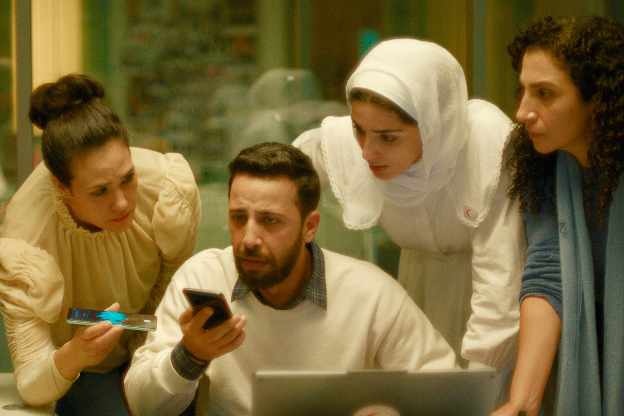A scene from the The Voice of Hind Rajab, starring Clara Khoury, far right, as Qawas