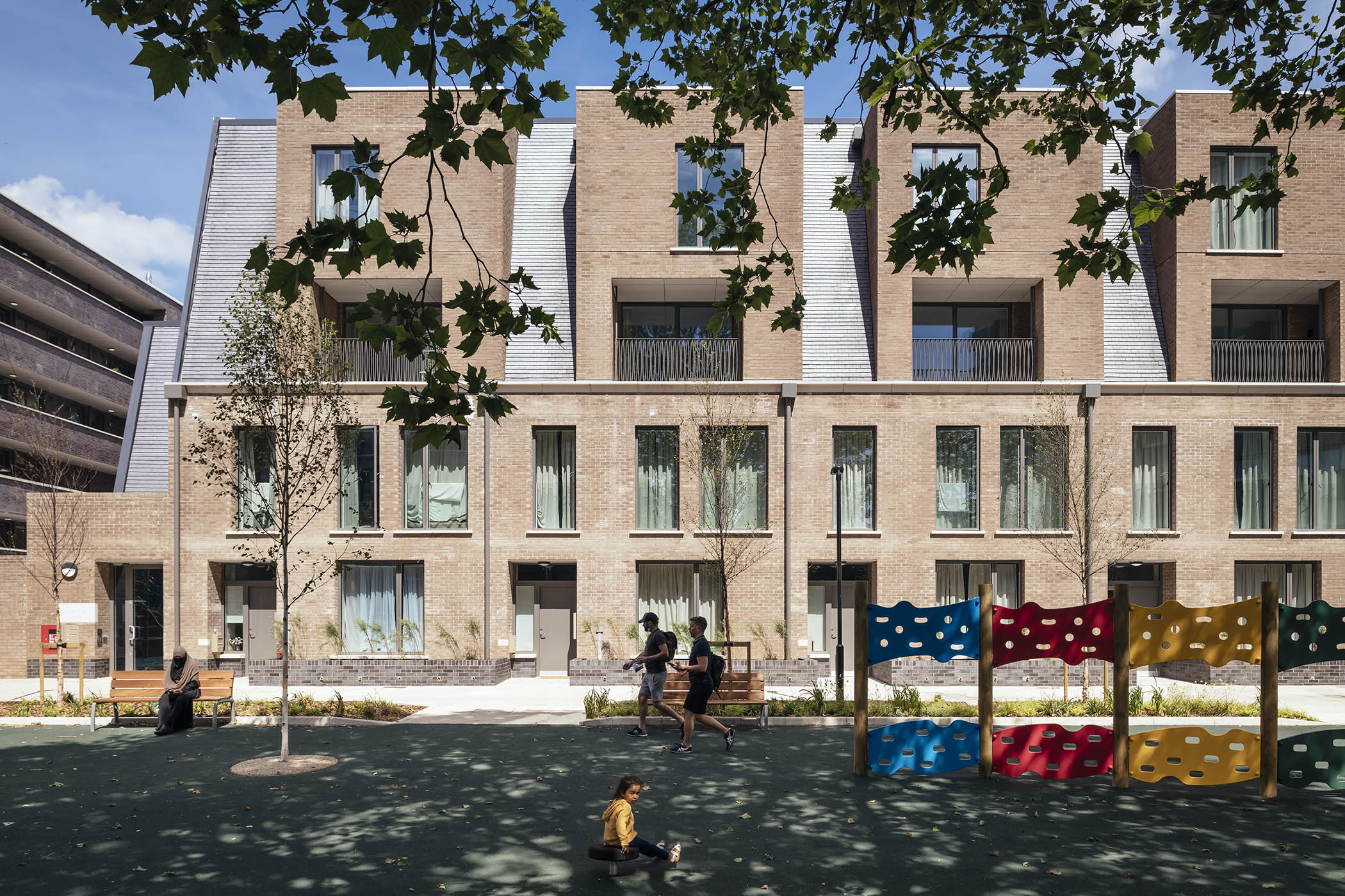 The playground at Agar Grove in Camden, north London. Main image: the Hazelmead co-housing scheme in Bridport, Dorset