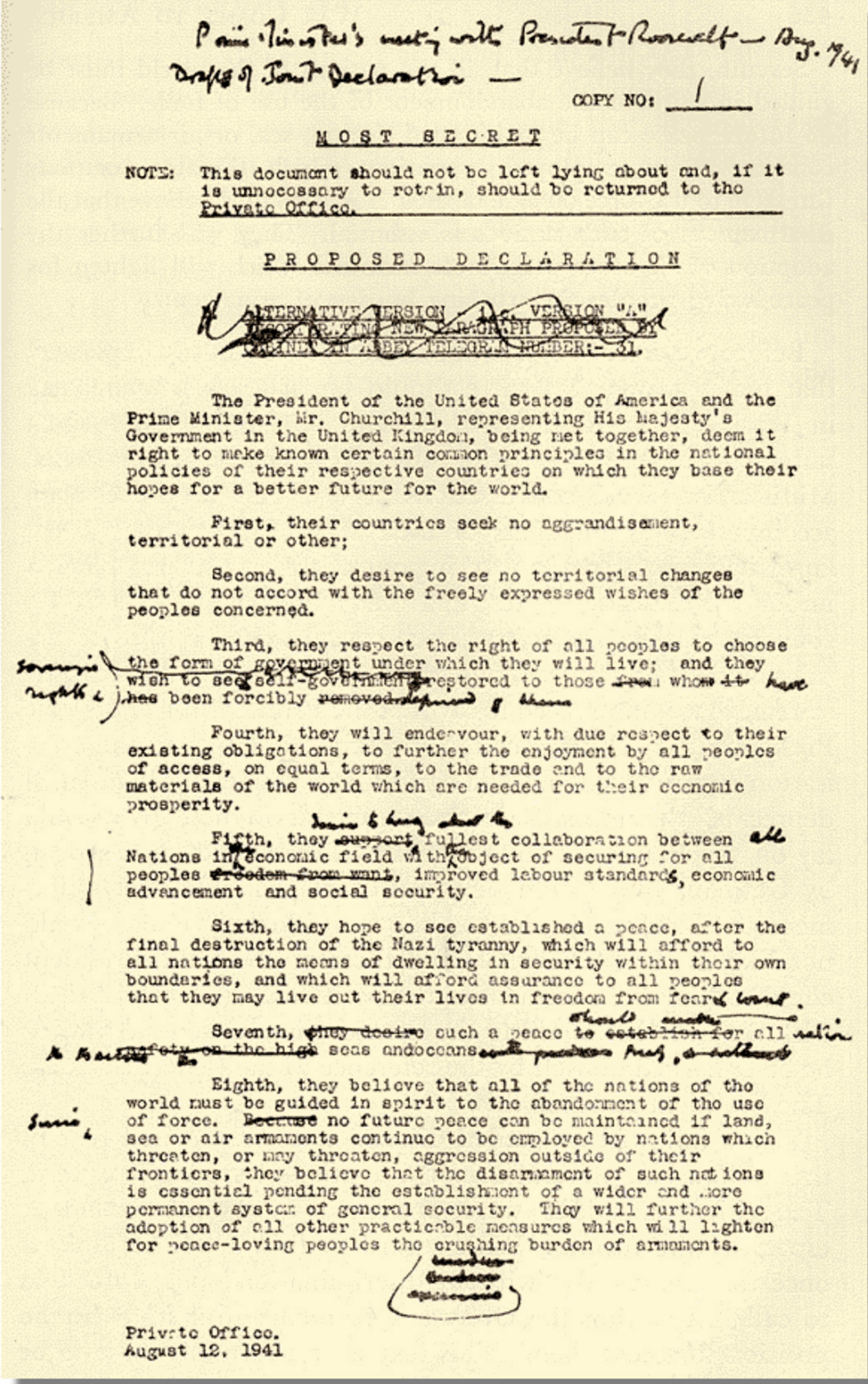 Winston Churchill’s edits on a draft of the Atlantic Charter, 1941