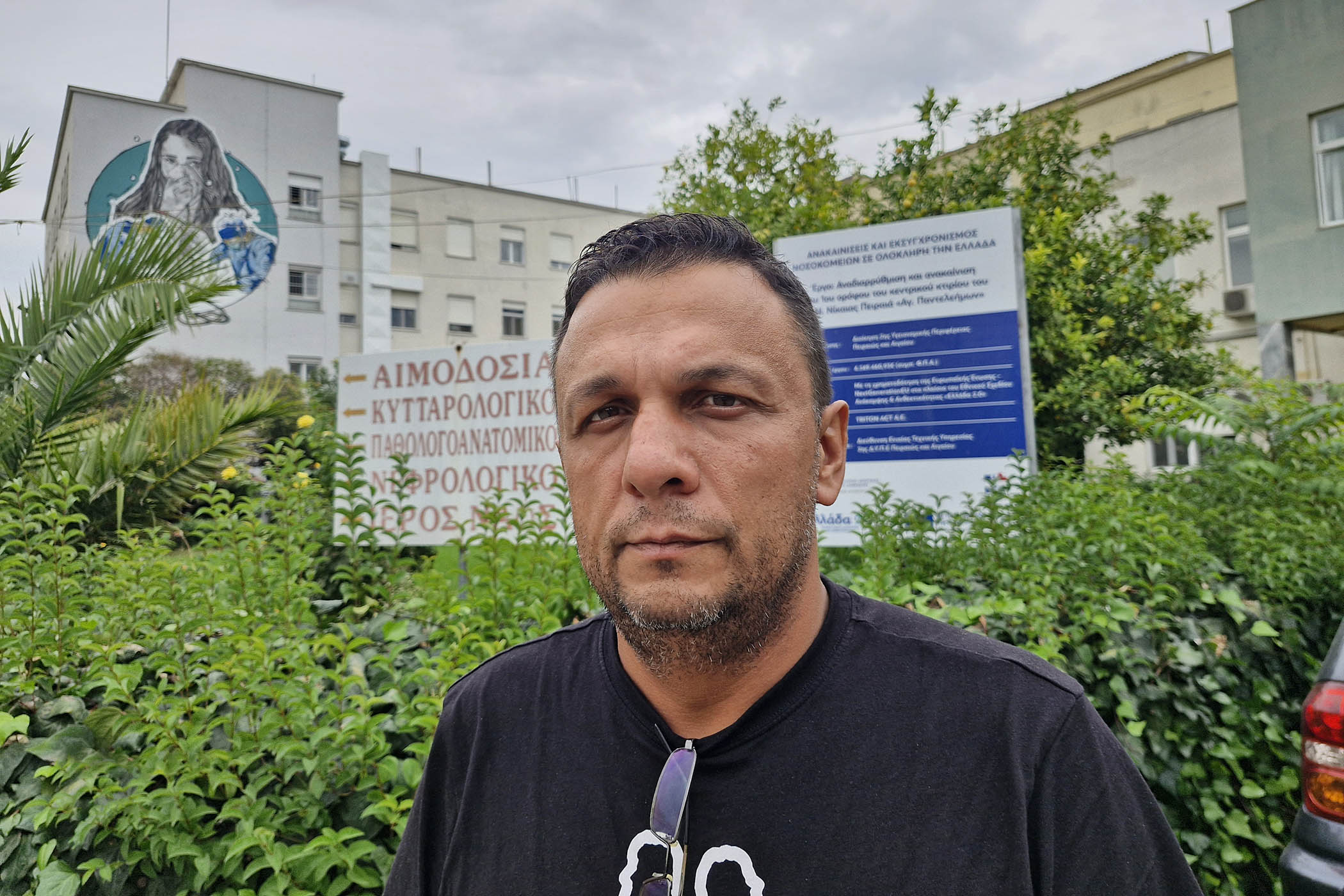 Panos Ruci, who lost his son Denis, in the train crash, outside a hospital following his 23-day hunger strike
