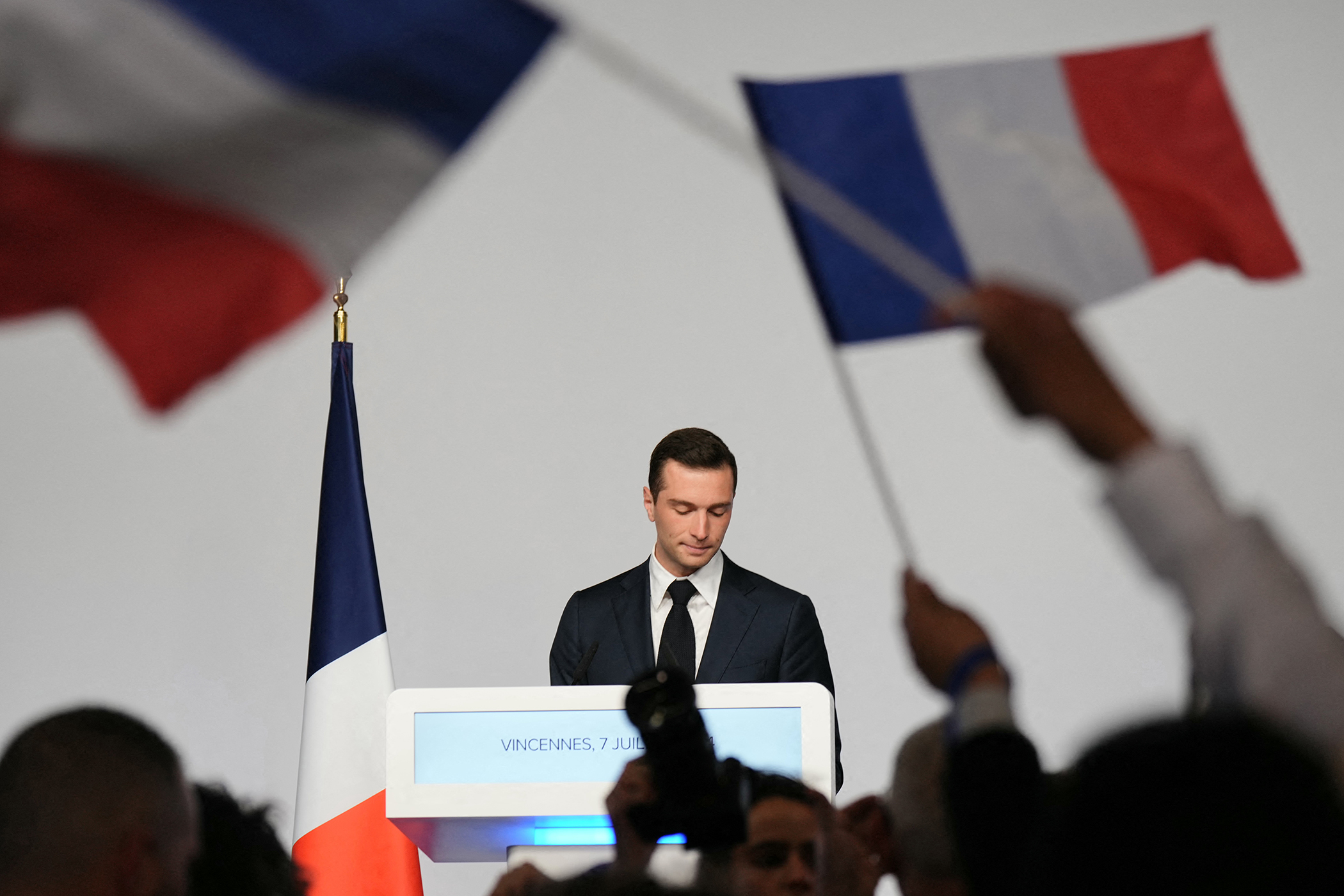 National Rally president Jordan Bardella speaking in Paris on election night, 7 July 2024