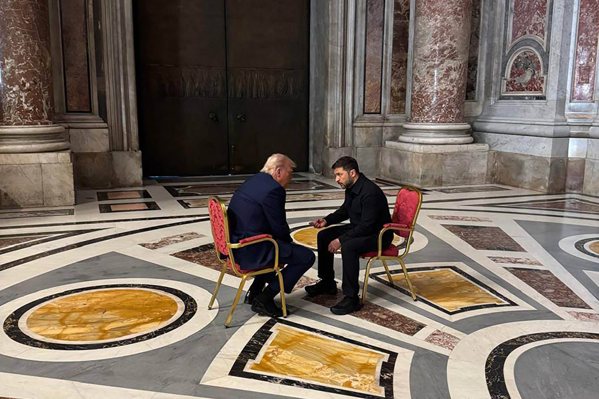 Trump speaks with Ukrainian president Volodymyr Zelensky  on the sidelines of Pope Francis's funeral at St. Peter's Basilica in April