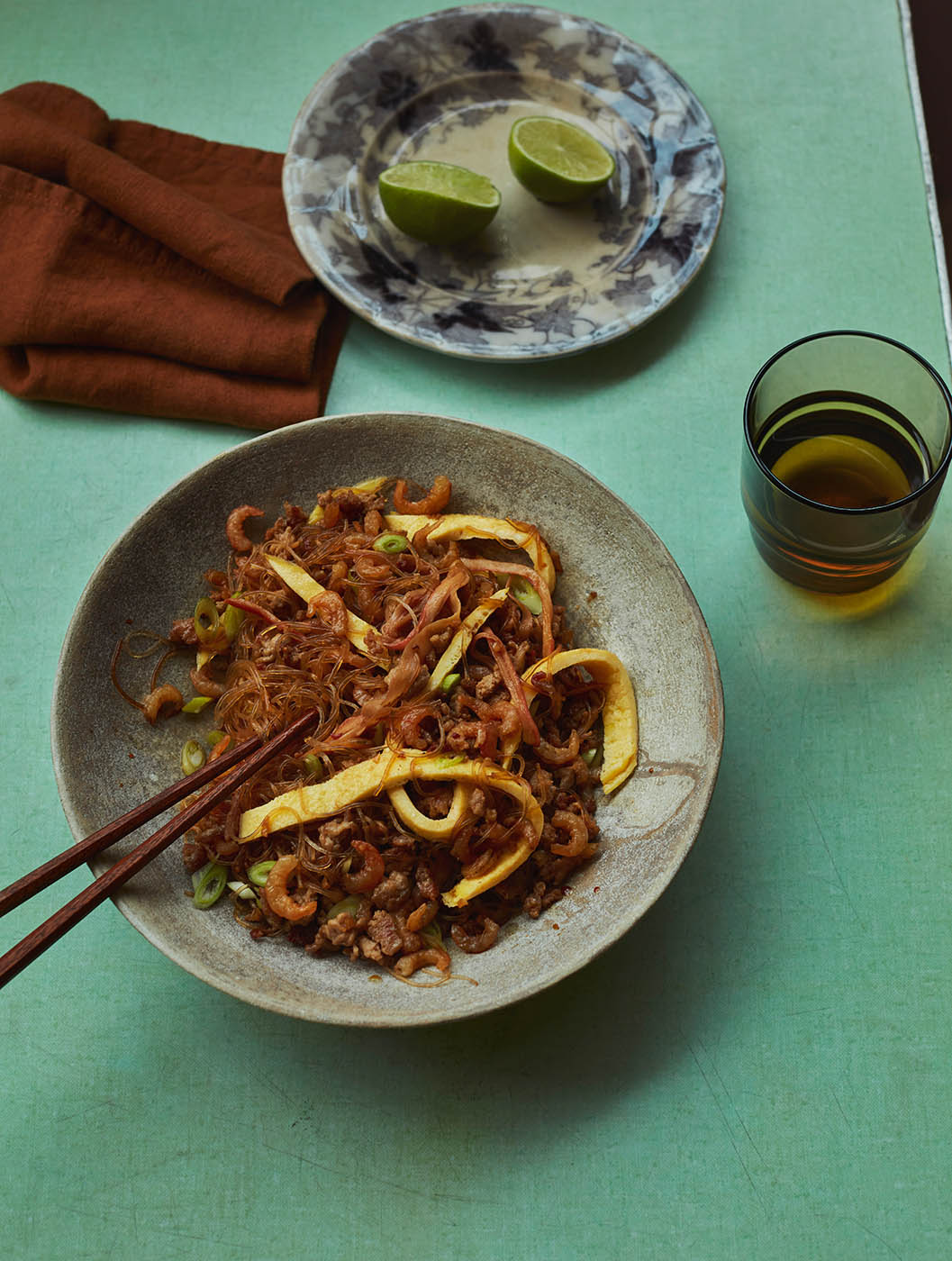 Dried mushrooms can work instead of the seafood: stir-fried glass noodles with pork mince, egg and dried shrimp