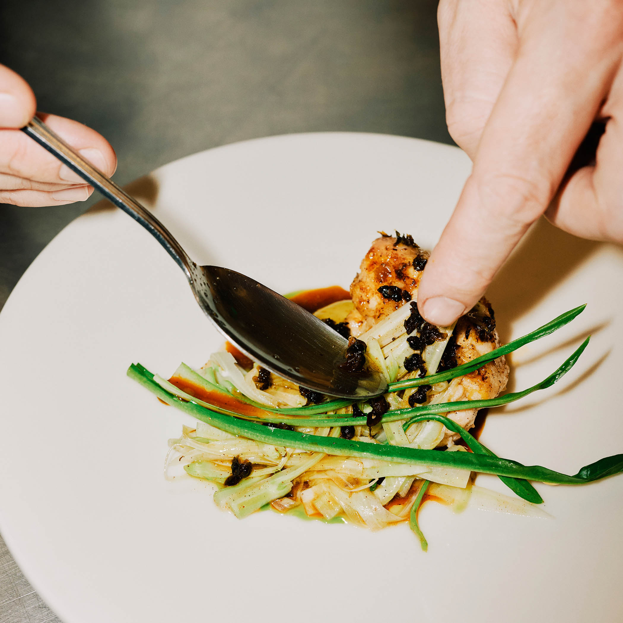 Veal sweetbreads with puntarelle and pistachio