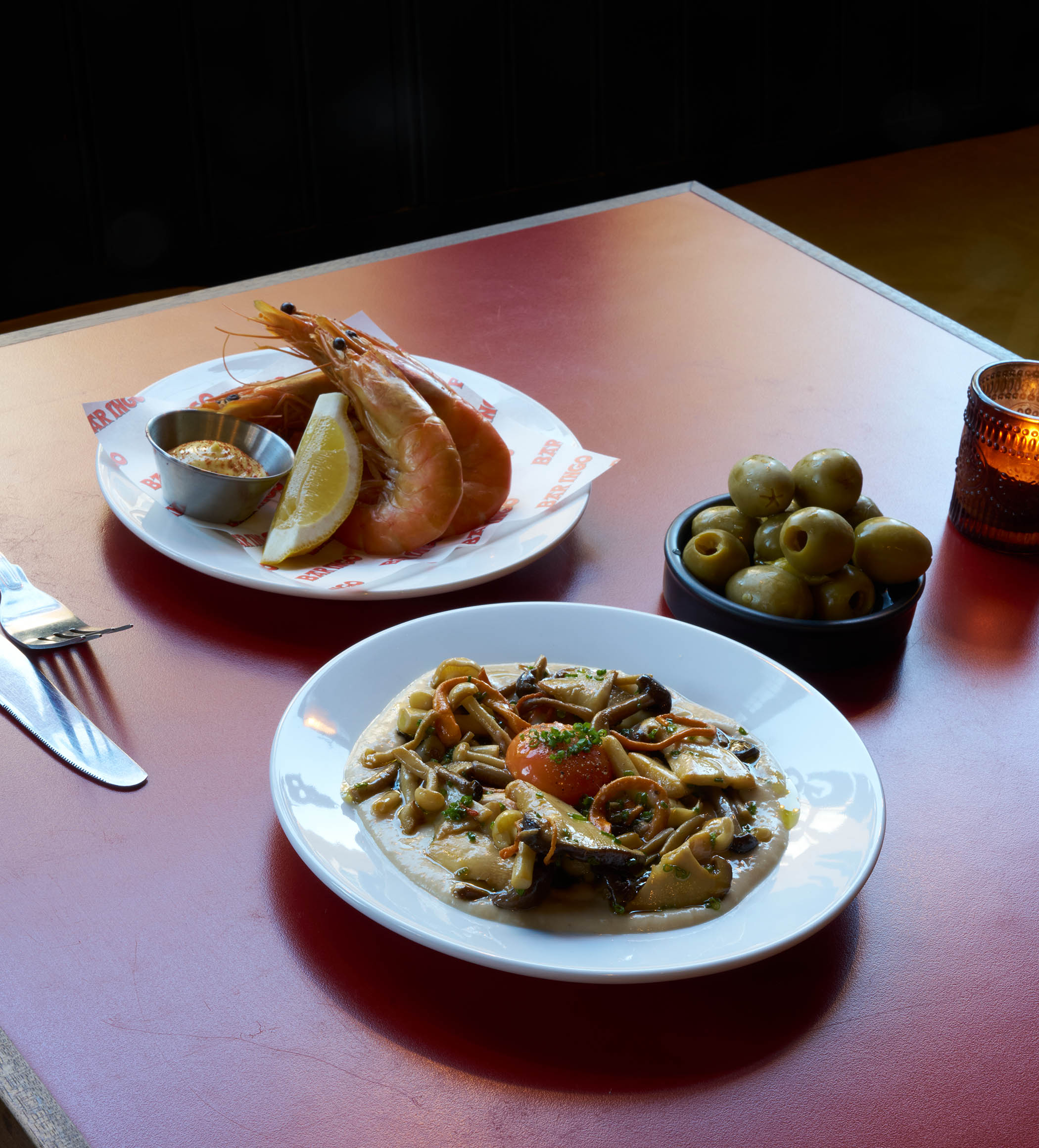 Bites at Bar Ingo: smoked prawns with aoli; and wild mushrooms, butterbeans, truffles and egg yoke
