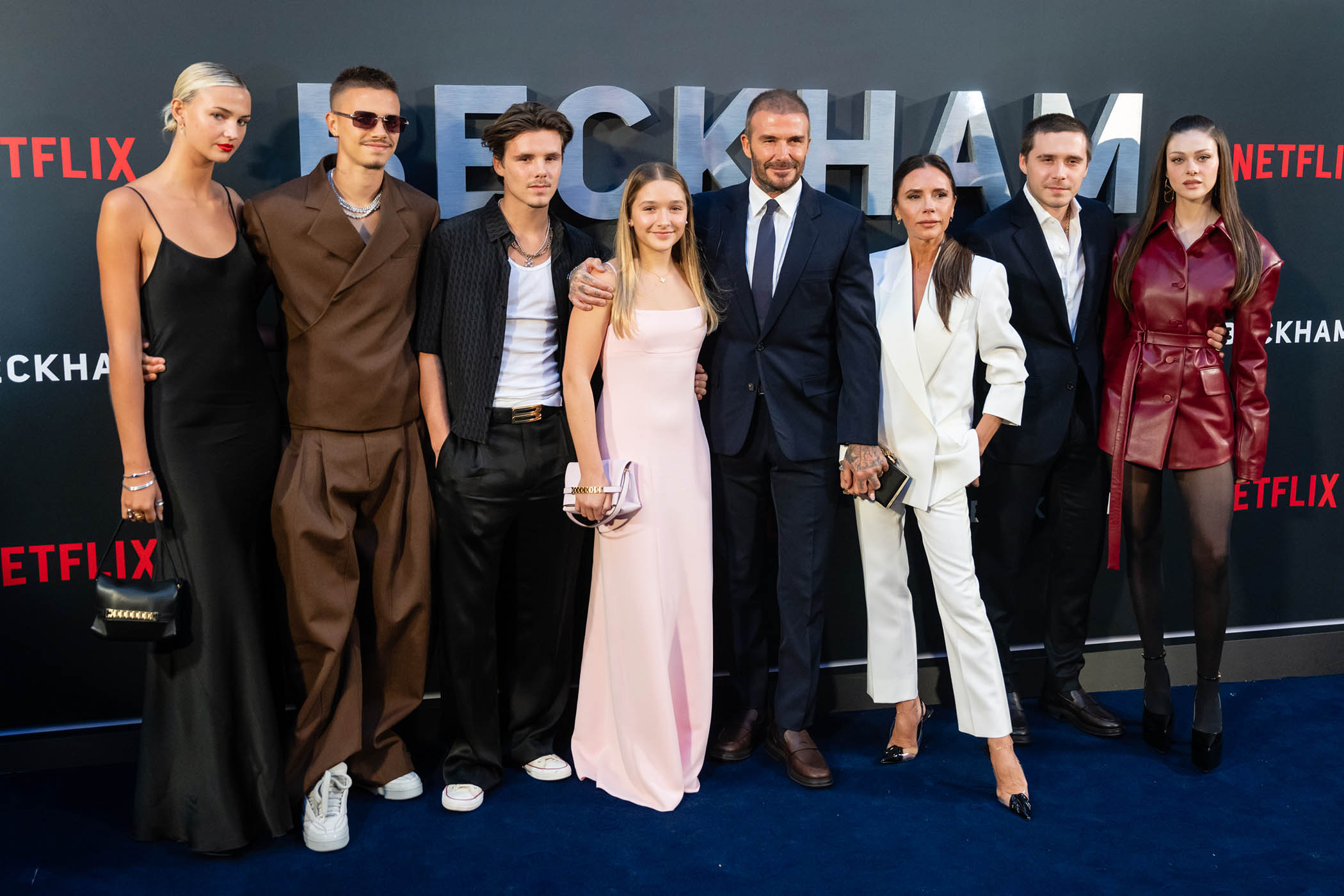 Mia Regan, Romeo Beckham, Cruz Beckham, Harper Beckham, David Beckham, Victoria Beckham, Brooklyn Beckham and Nicola Peltz attend the UK premiere of the 'Beckham' documentary in 2023