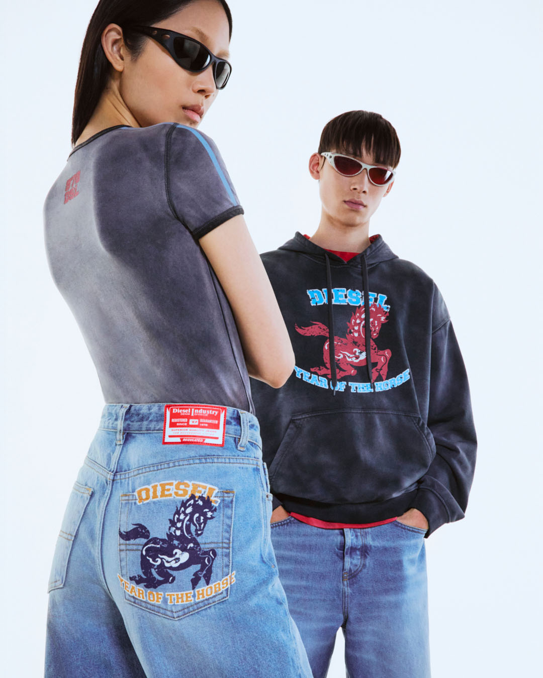 GALLOPING SUCCESSIn celebration of the Chinese lunar calendar and the upcoming year of the horse, Diesel has created a nine-piece denim-driven capsule collection. Jeans are embroidered with a rearing horse emblem and vintage-inspired graphics appear on T-shirts and hoodies. The lively nature of the horse emblem with flame embroiled mane, symbolises the energy, strength and rapid change associated with the fire horse sign. From £155, Diesel