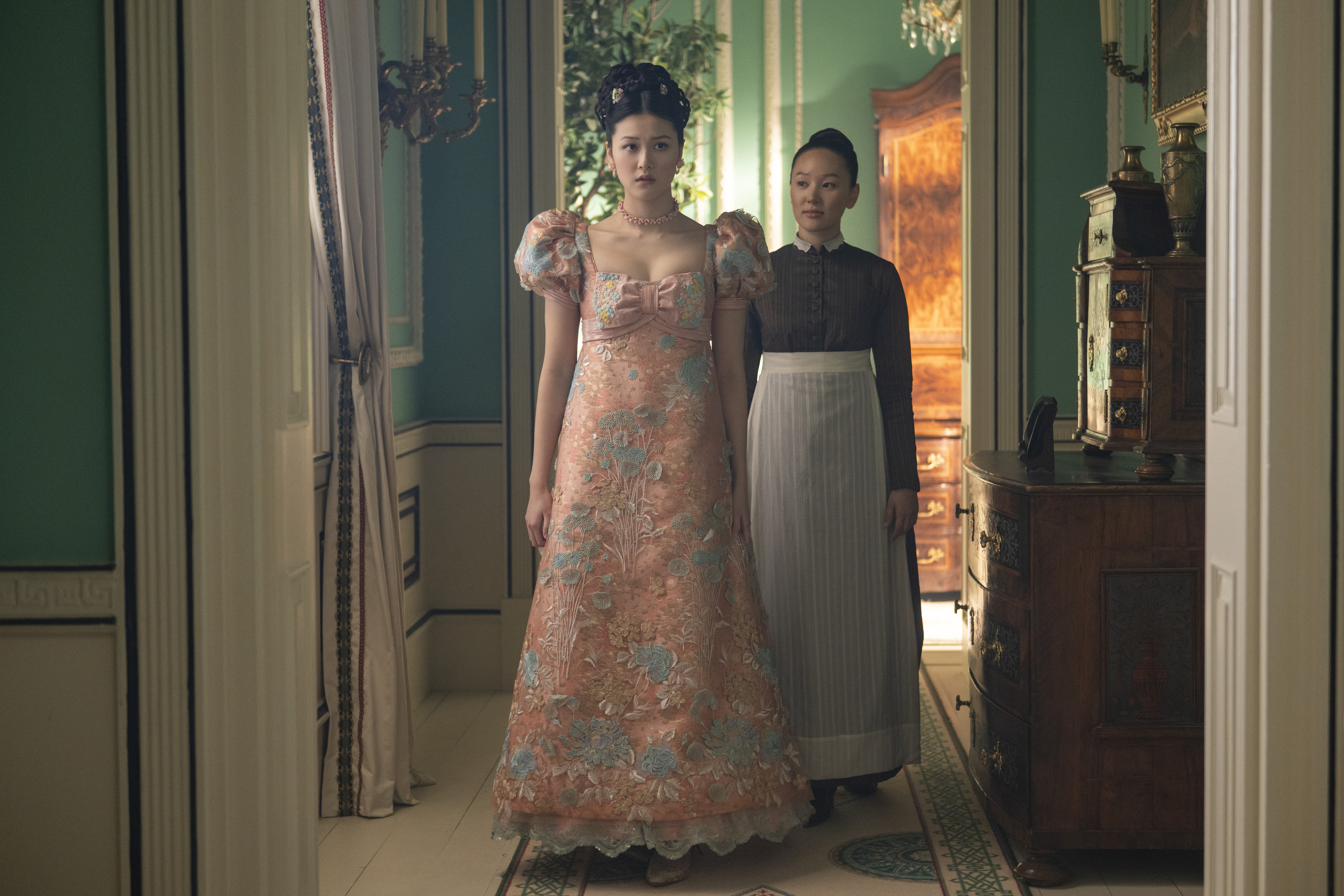 Isabella Wei and Yerin Ha in Bridgerton. Main image: Mark Owen in footage from the Take That docuseries