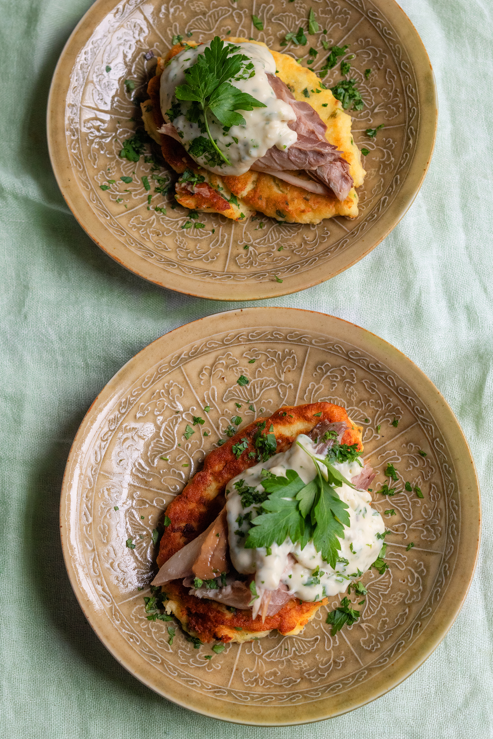 ‘Eaten gratefully’: potato cakes, smoked mackerel and parsley sauce