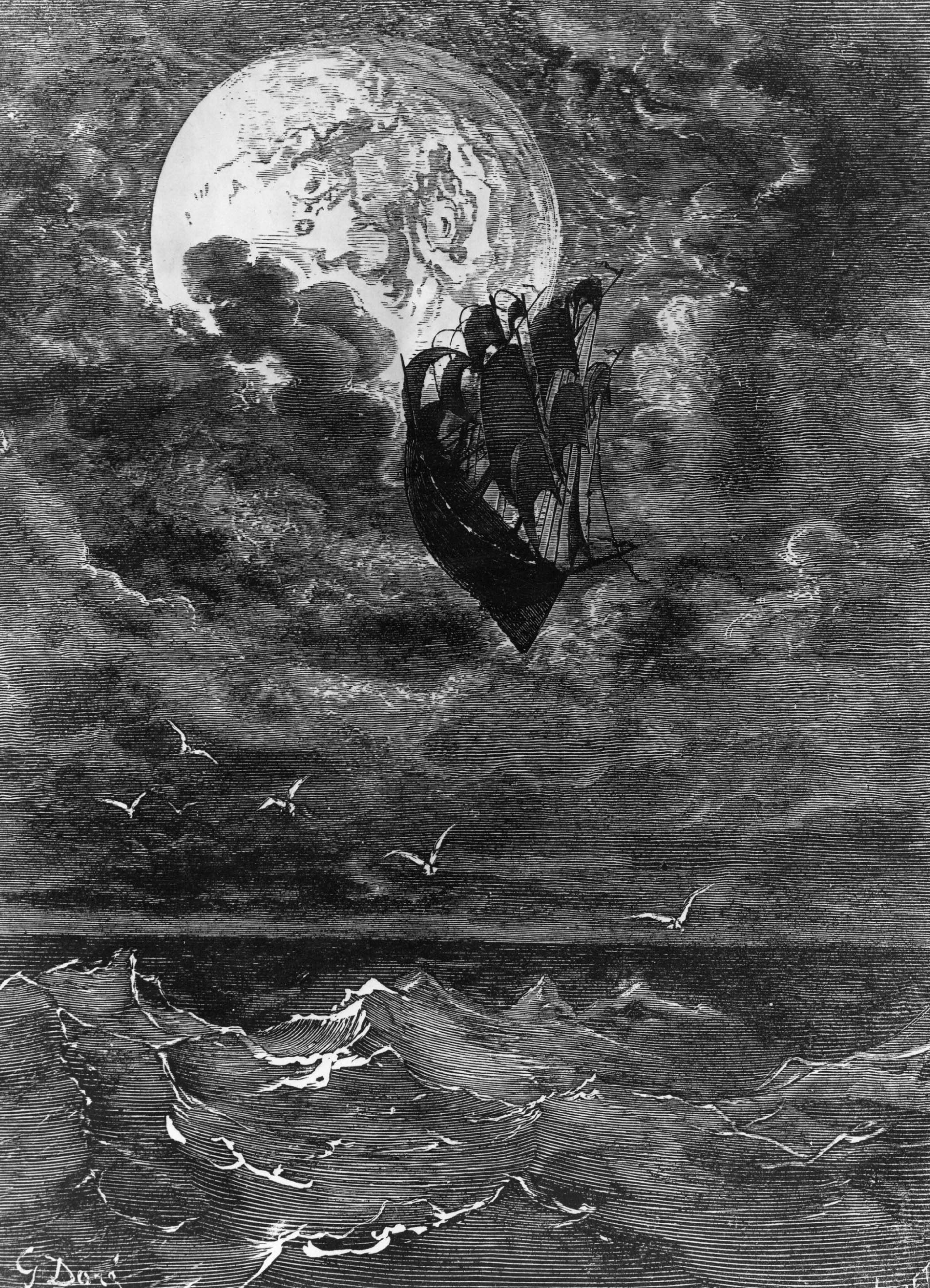 Gustave Dore's illustration of a ship sailing up into the air for Jules Verne's novel From The Earth To The Moon