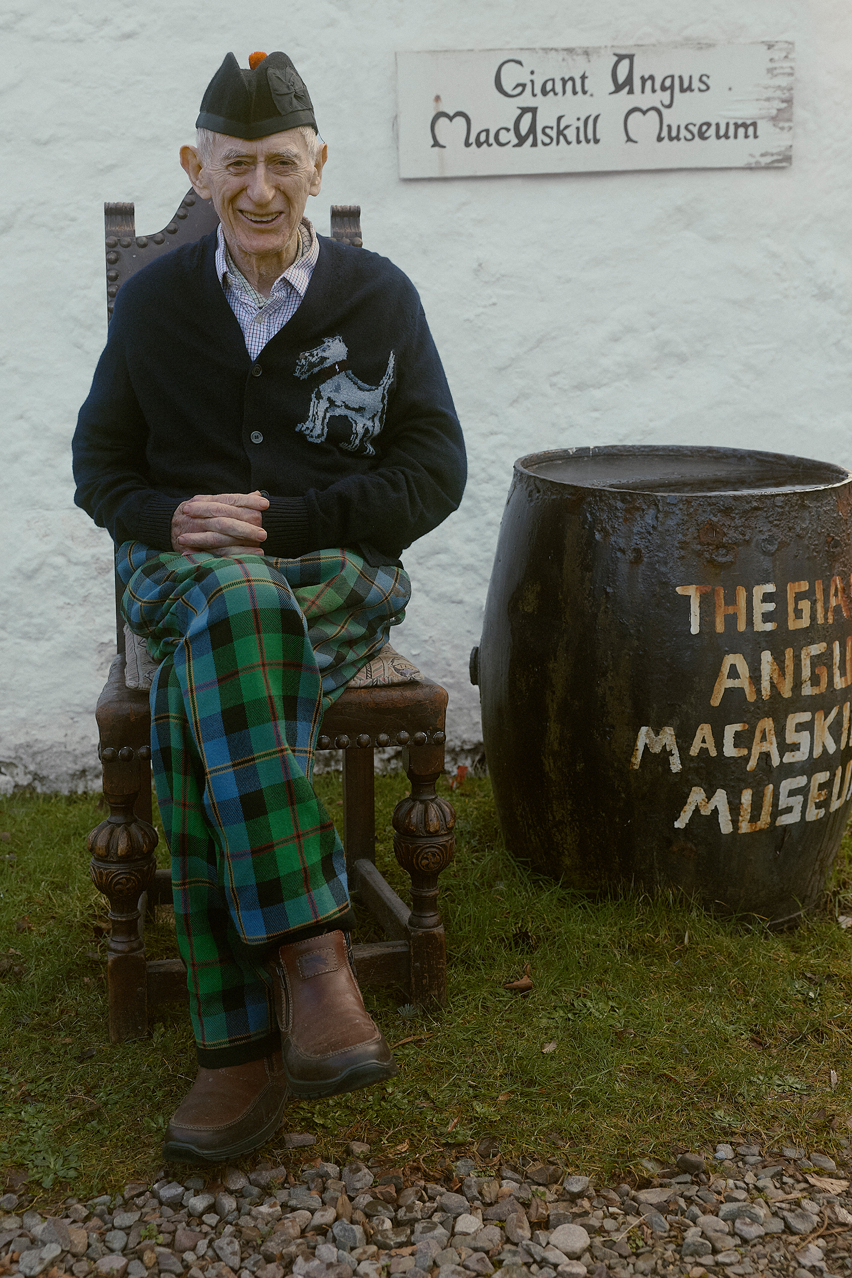 Peter MacAskill, 82; Peter is the founder of the Giant MacAskill Museum in Dunvegan. He wears a cashmere linen terrier cardigan by Dunhill