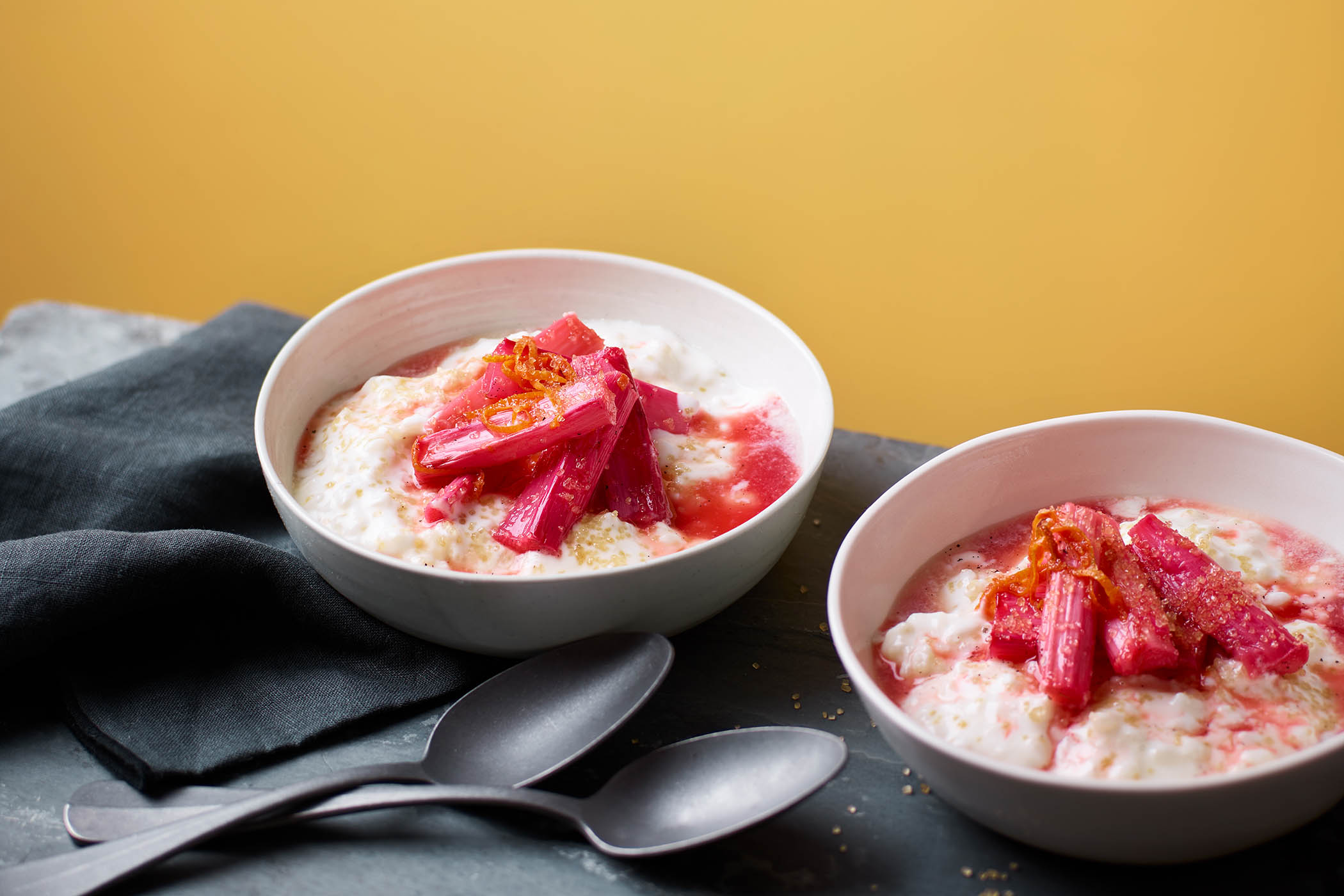 Sharp and sweet: baked rhubarb with buttermilk rice pudding