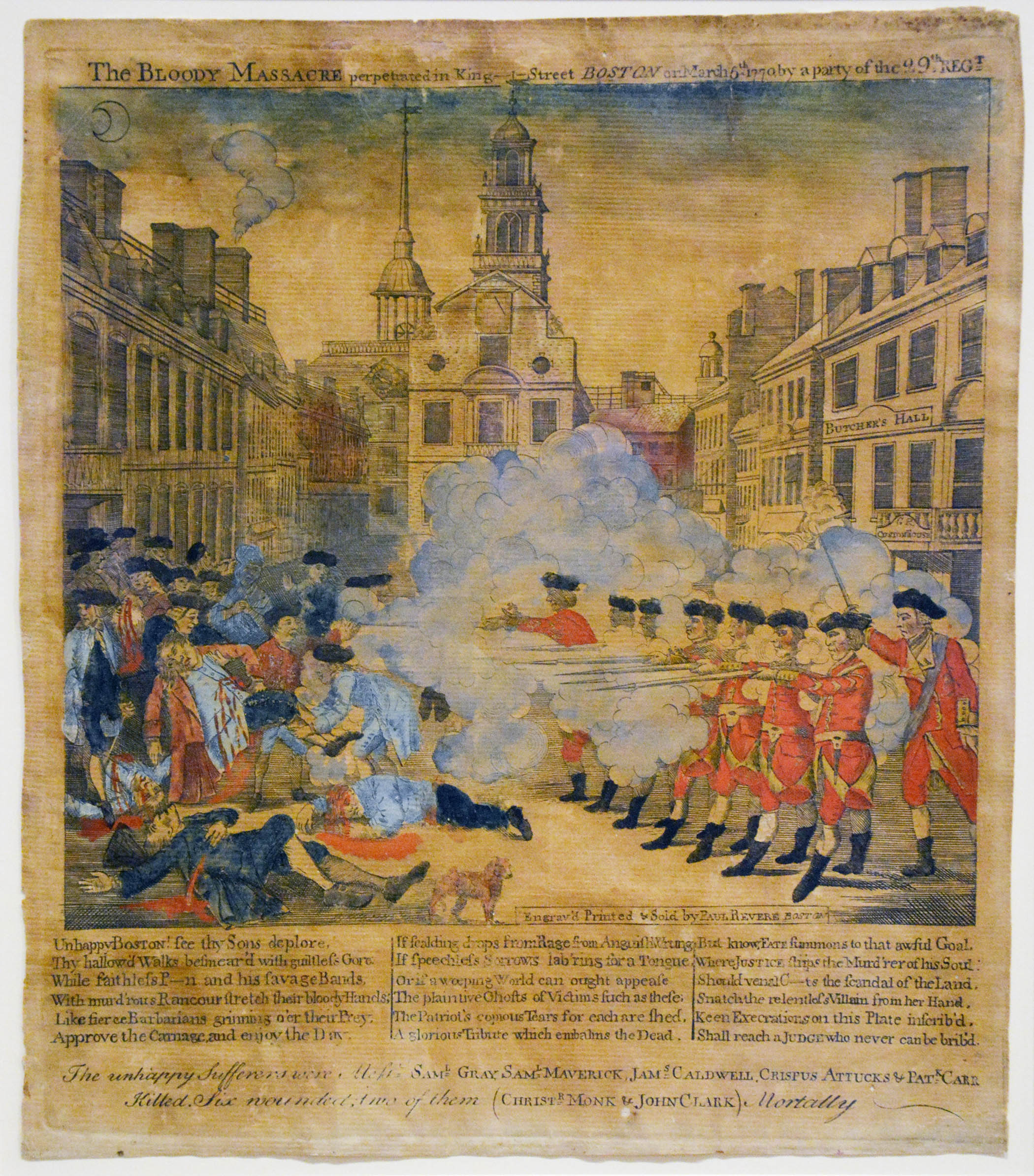 The Bloody Massacre, engraved by Paul Revere, depicts the 1770 killing of Boston protesters by British troops
