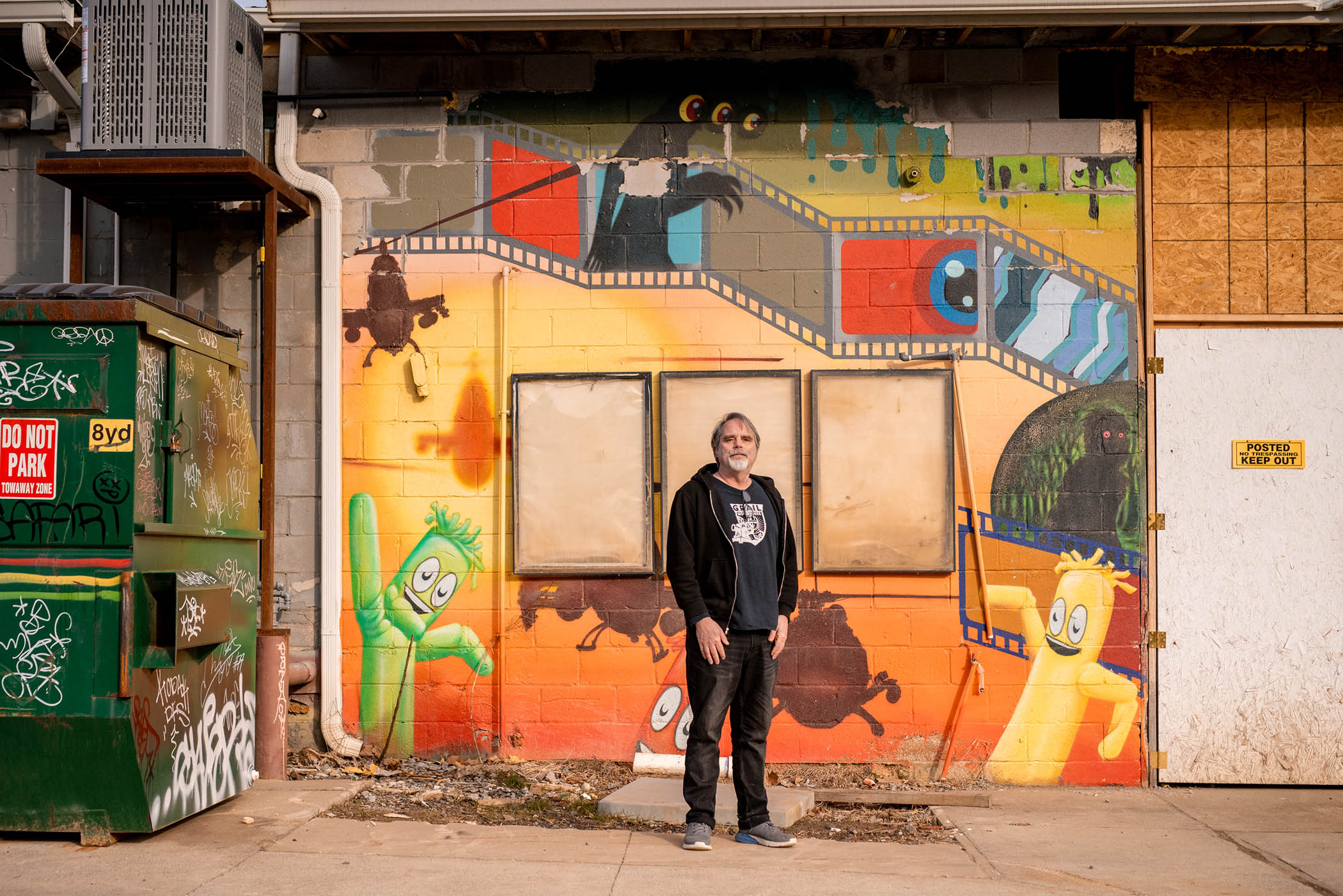 Steve White outside what remains of his cinema, the Grail Moviehouse