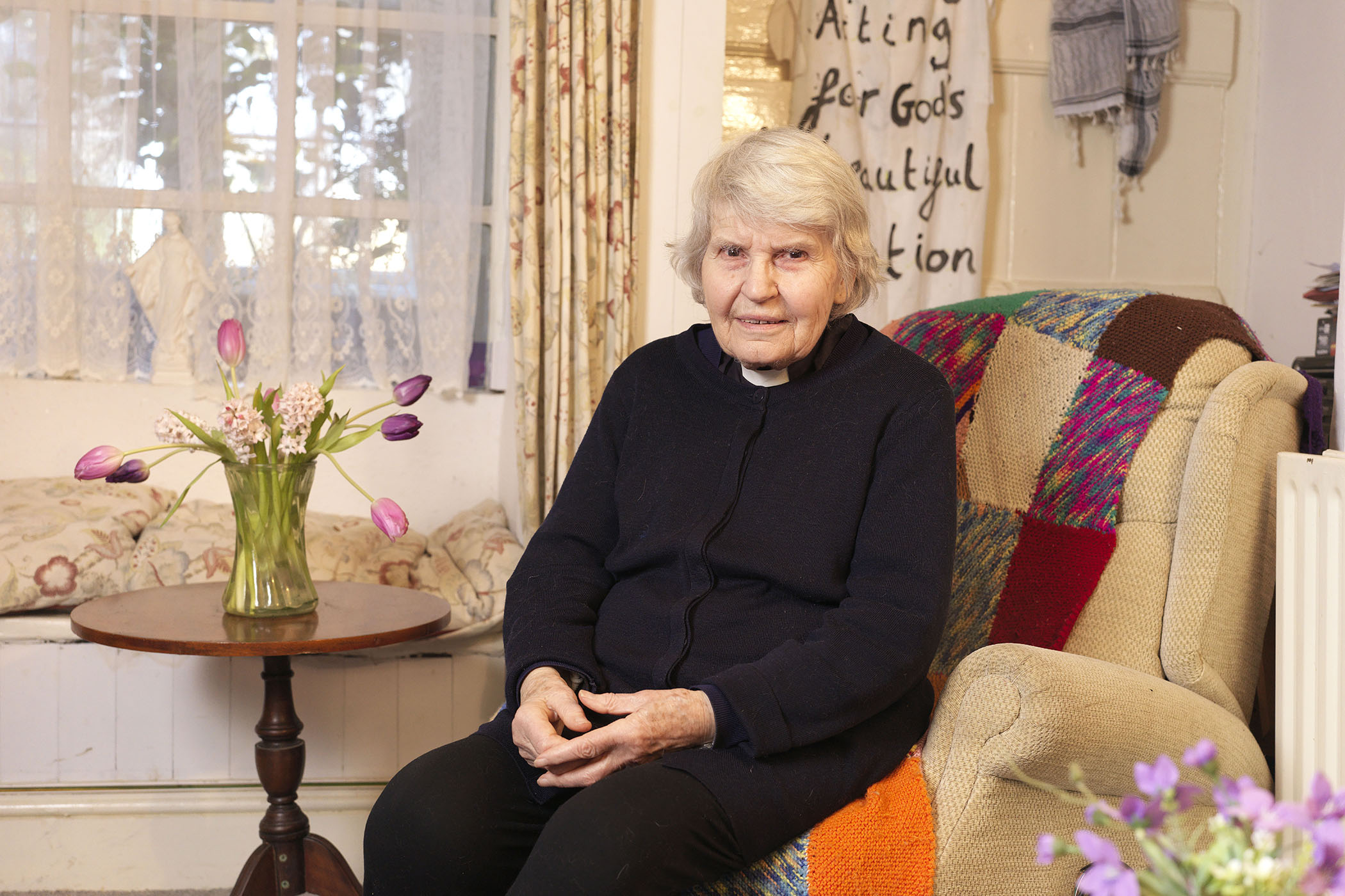 Reverend Sue Parfitt, who was arrested multiple times for protesting the ban against Palestine Action, at her home in Bristol