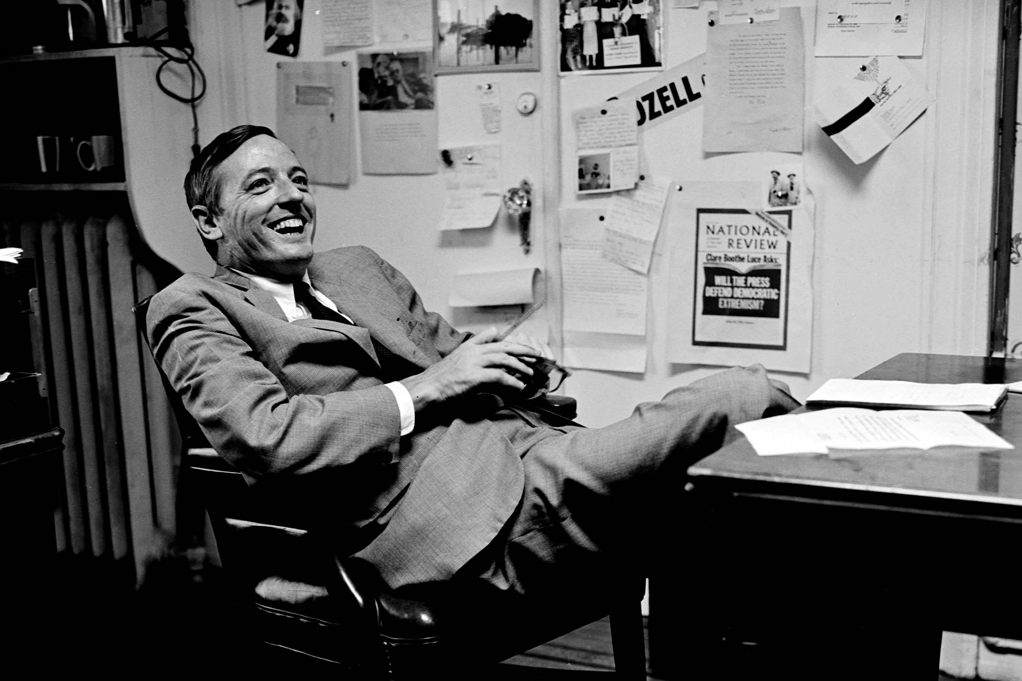 Above: National Review editor William F Buckley Jr in 1965; main image: Donald Trump hands out Maga hats during a rally in Pennsylvania, November 2020.