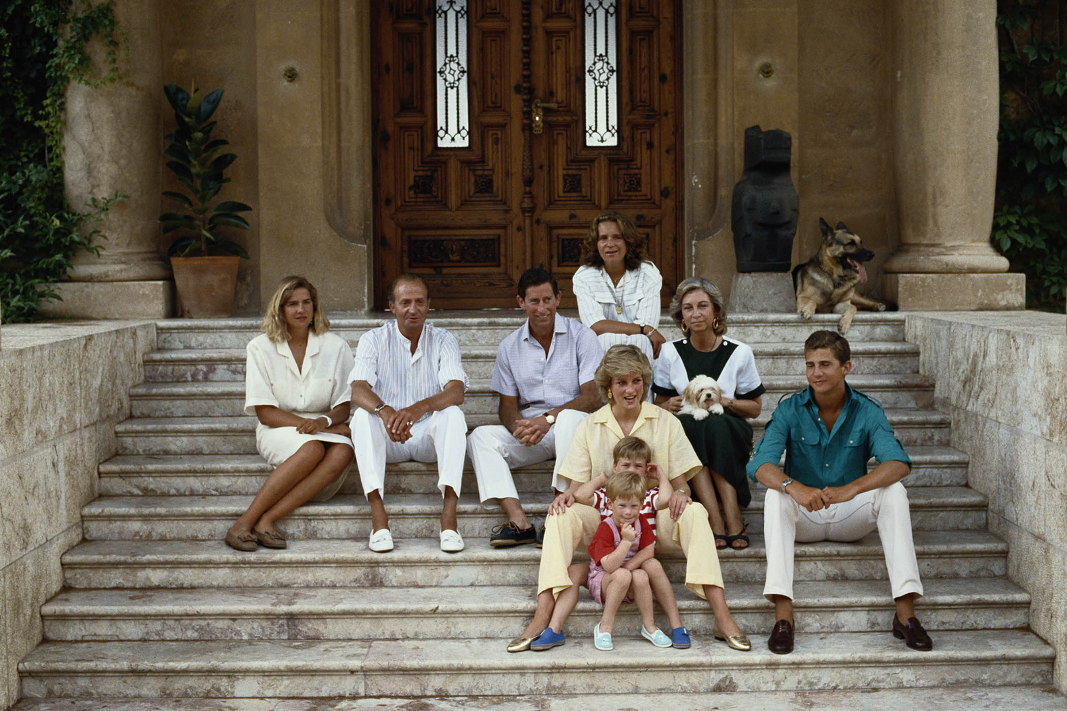 Prince Charles and Diana, Princess of Wales, with princes William and Harry on holiday in Majorca in 1987 with the Spanish royal family, King Juan Carlos I of Spain, Queen Sofia and their children, Elena, Cristina and Felipe.