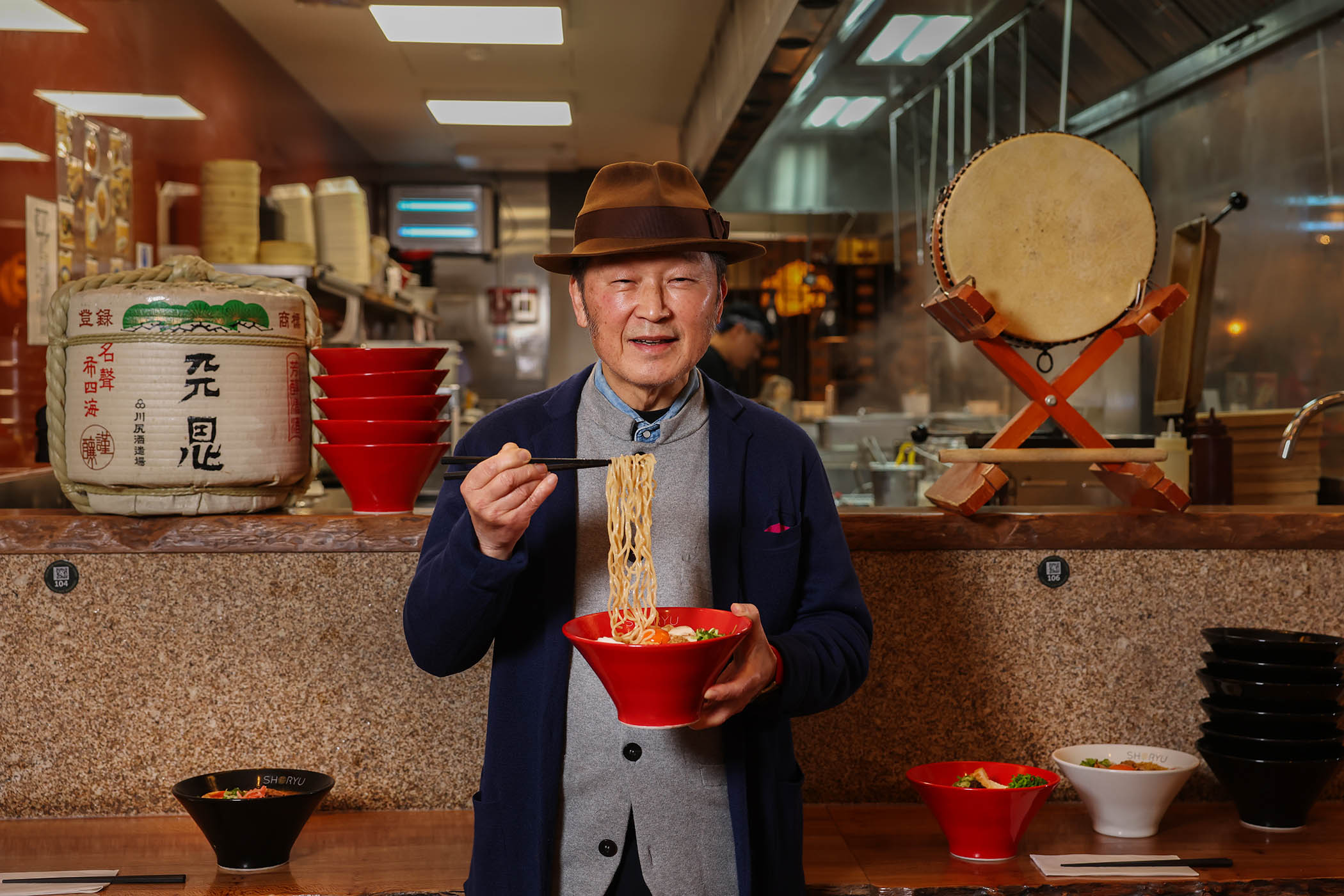 Tak Tokumine, founder of Japan Centre and Shoryu Ramen, with Japanese noodles: ‘A simple Hakata ramen with only char siu, negi and kikurage – the basis of quality is minimalist.’