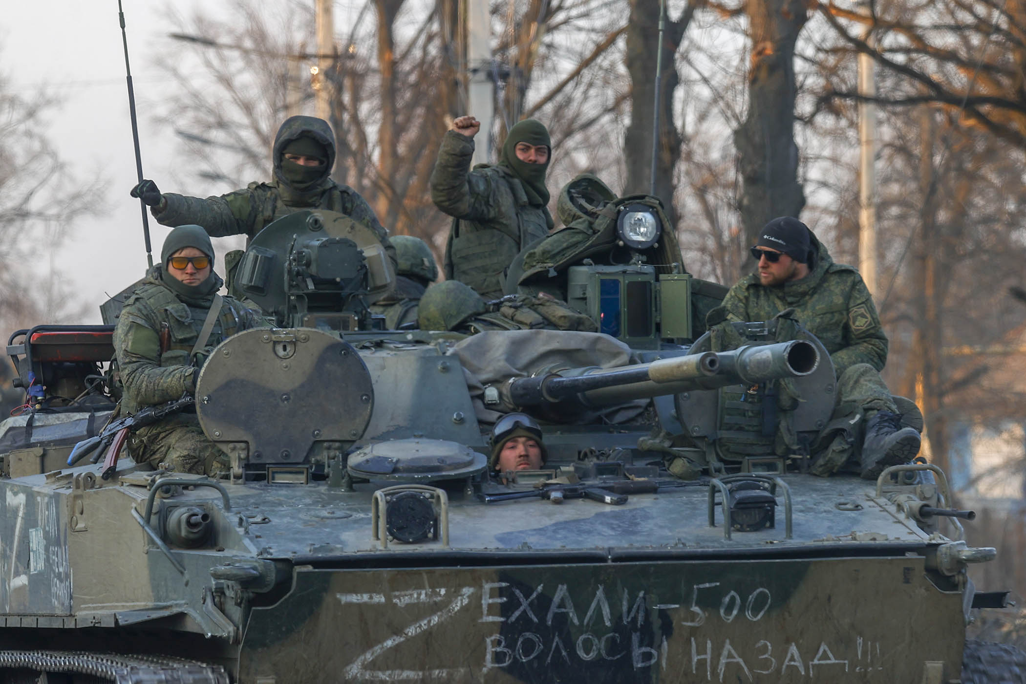 Russian troops patrol Volnovakha, a pro-separatist area of Donetsk that has been under Russian control since March 2022