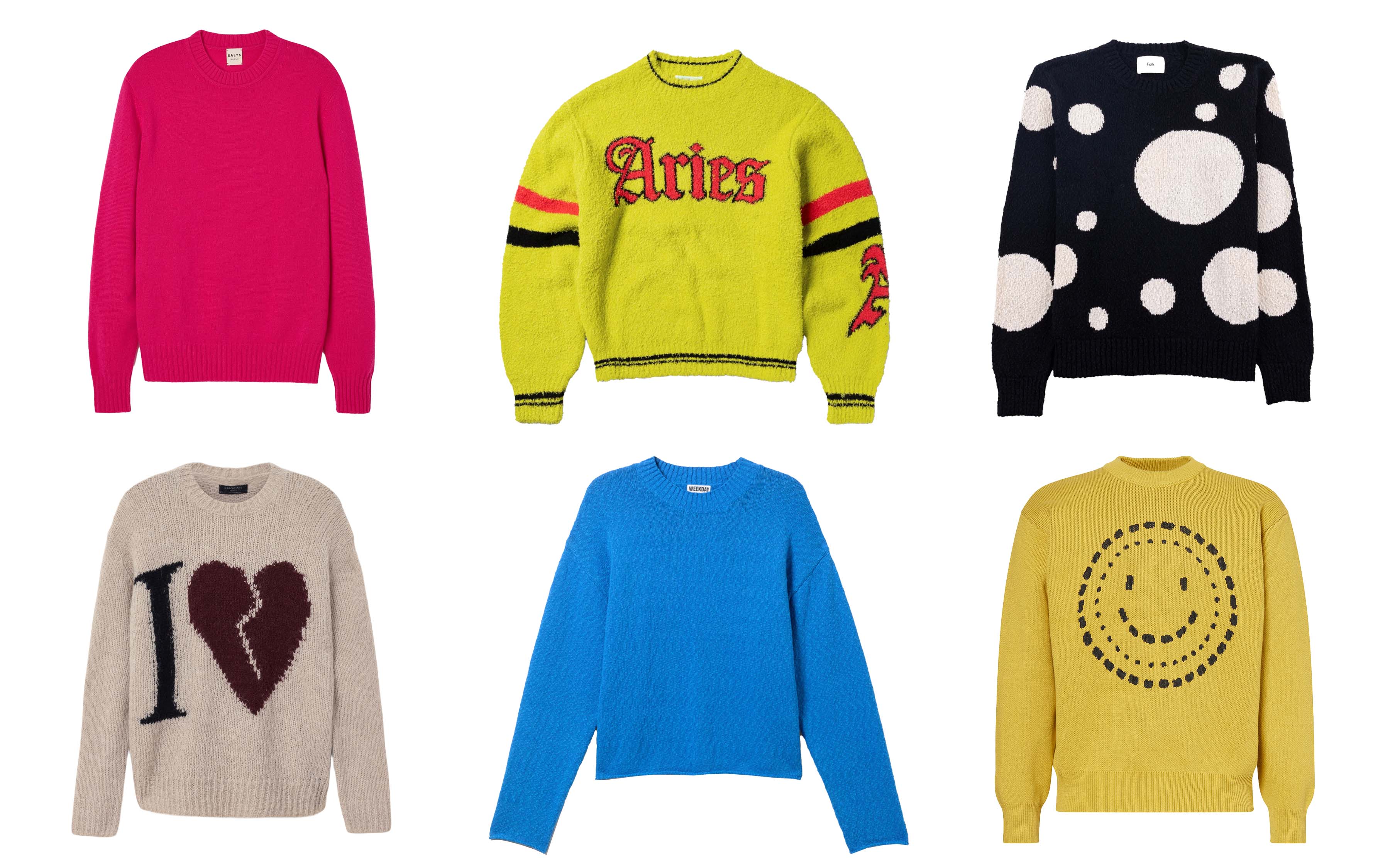 From top left: Pink, £235, Salts Cashmere. Yellow, £235, Aries Arise. Dots,£195, Folk. Heart, £169. All Saints. Blue, £49.99, Weekday. Smiler, £175, Heresy (Selfridges). Main image: model wears striped jumper, £149, Paul Smith X Barbour