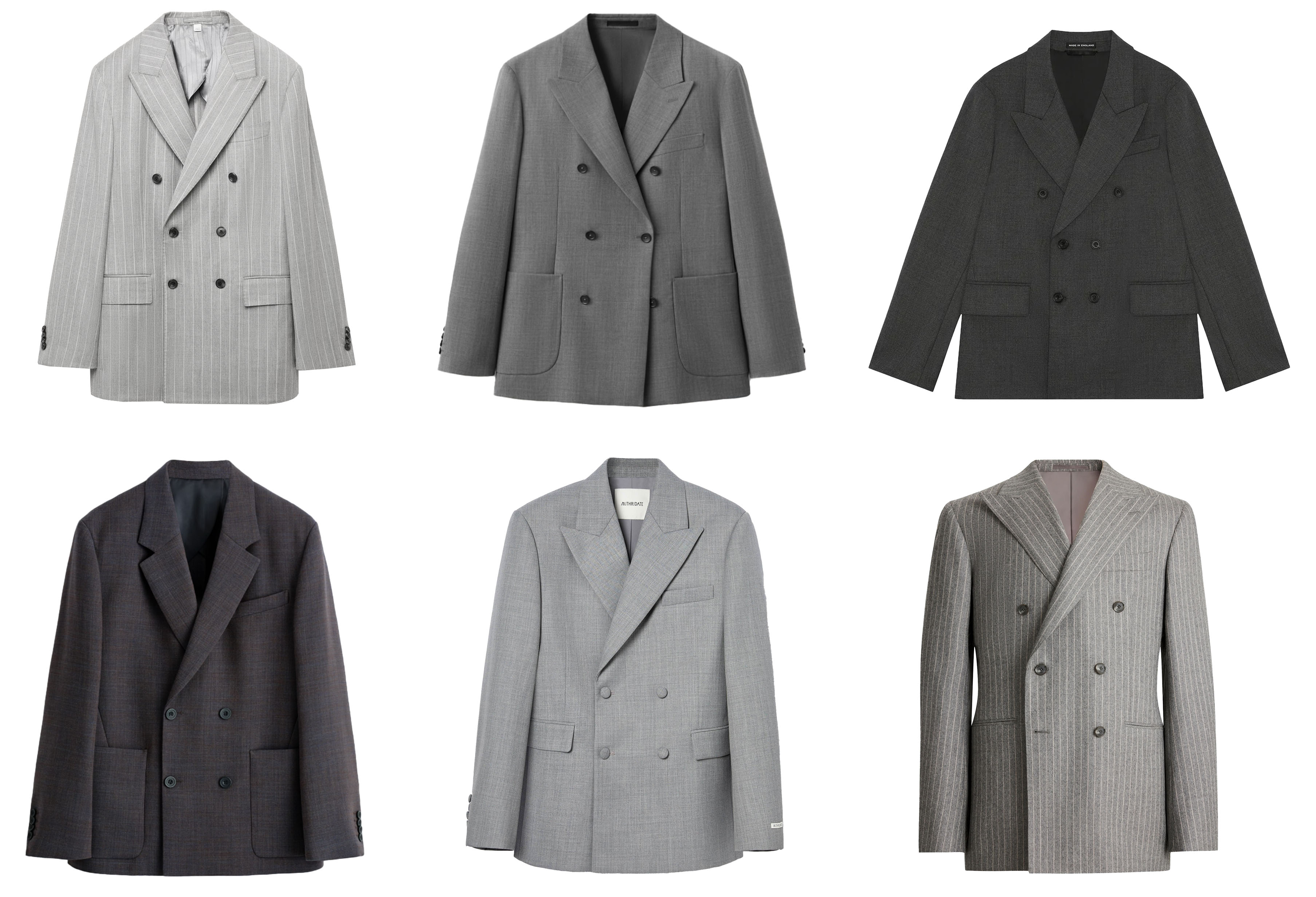 From top left: Italian wool jacket, £260, Jaeger (M&S). Ricardo double-breasted, £149.99, Mango. Charcoal, £395, Duke+Dexter X Cole Buxton. Unstructured blazer, £229, Cos. Light grey jacket, £780, Mithridate. Grey stripe jacket, £259, Moss. Main image: model wears double-breasted blazer, £339, Moss