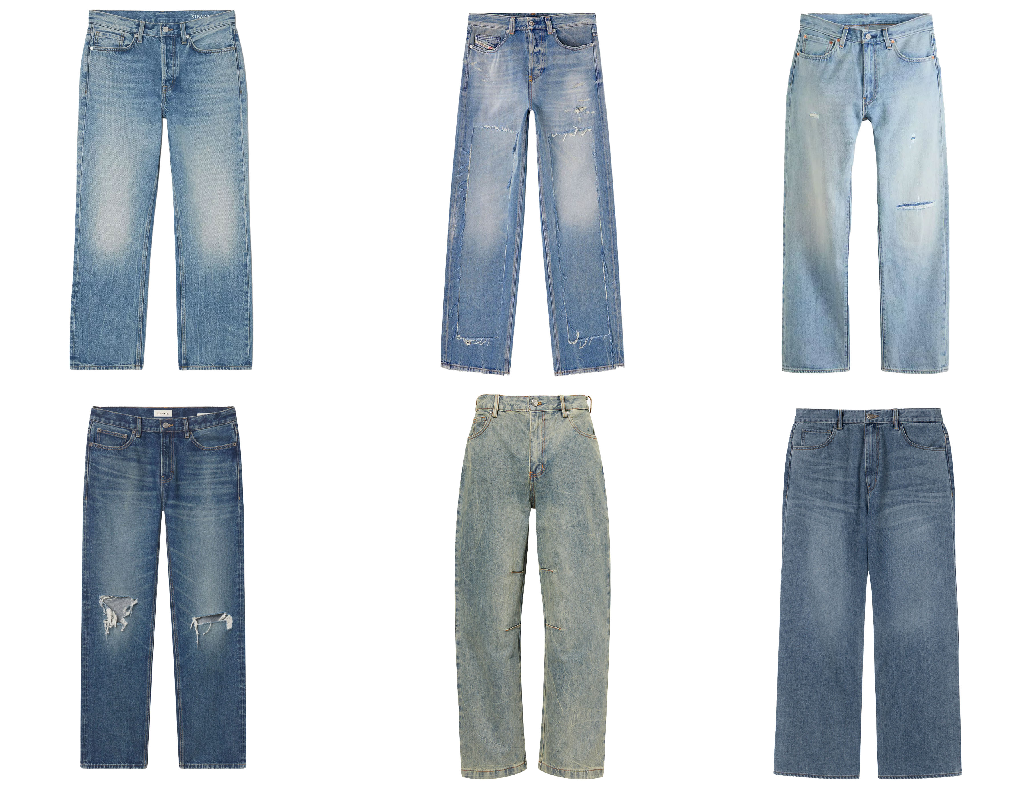 From top left: Straight leg, £59, Kin (John Lewis). Panelled, £335, Diesel. Distressed, £110, Levi’s. Ripped, £310, Frame. Vintage-washed, £95, The Couture Club (Selfridges). Blue semi-wide, £285, Solid Homme. Main image: model wears ripped jeans, Duke+Dexter X Cole Buxton