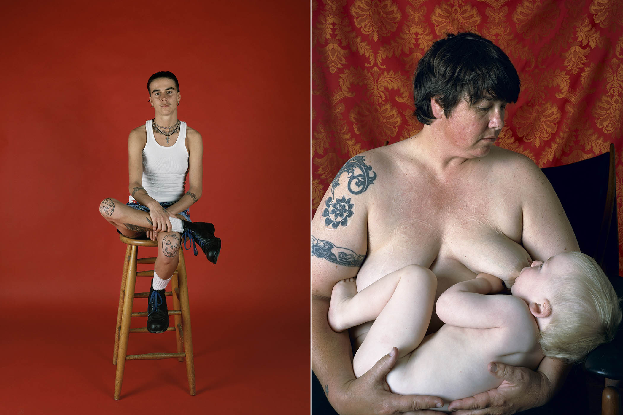 ‘Colours have a chemical brilliance’:  Left, Pig Pen shot in 1993; right, Catherine Opie’s self-portrait, nursing her son Oliver, 2004