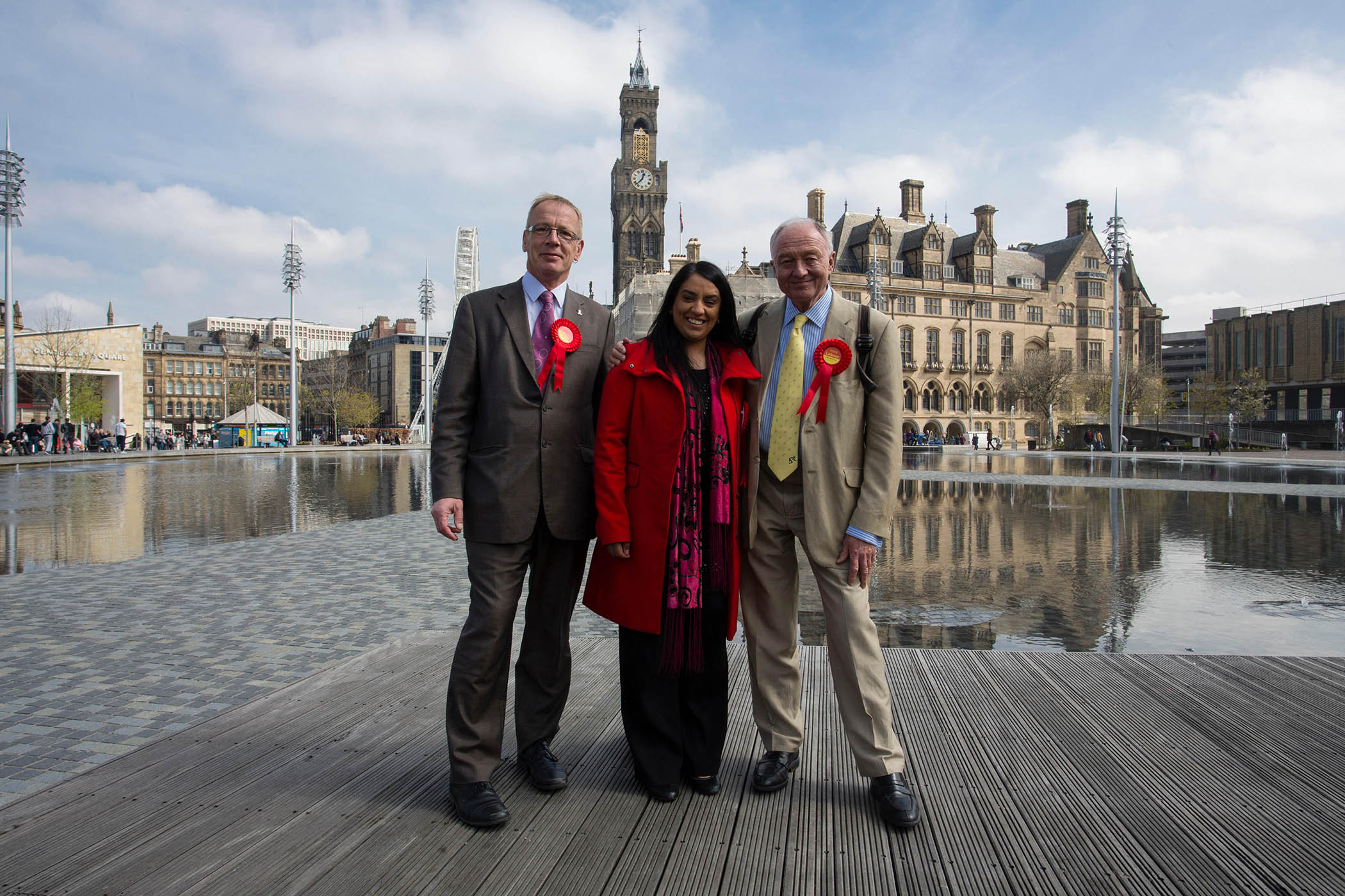 Shah with Bradford council leader Dave Green and Ken Livingstone in 2015, the year she became MP.