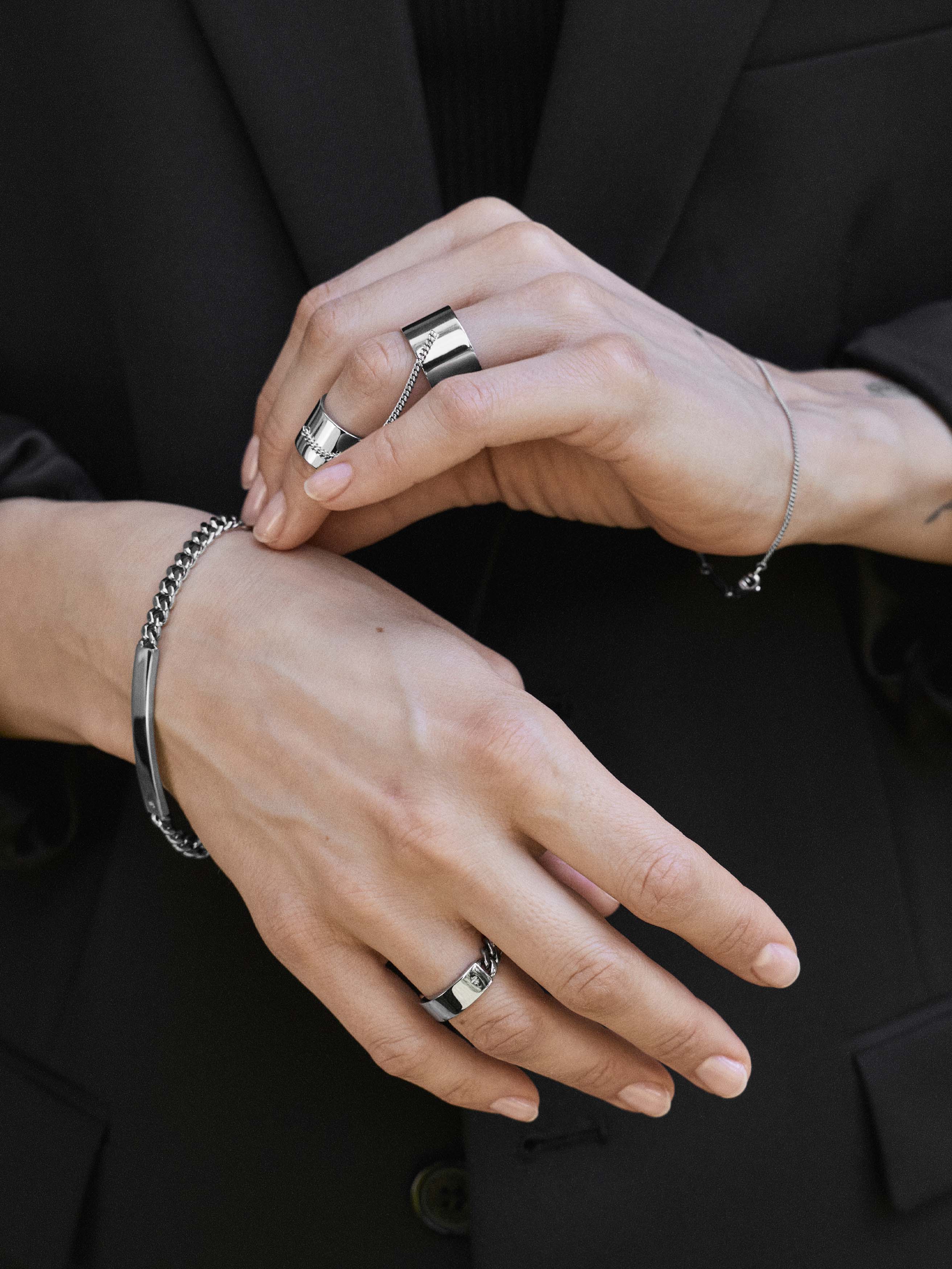 Slick silverNorwegian jewellery brand Tom Wood launches the ID Collection, a 10-piece capsule that draws inspiration from the utilitarian ID bracelet. Founded by Mona Jensen in 2013, the brand is most known for reimagining the traditional signet ring and creating jewellery pieces that exude Scandinavian simplicity. Highlights from the ID Collection include a sleek pendant necklace, bold chain bracelet and double-banded ring connected by a slim silver chain. All pieces within the collection are unisex styles and crafted from 100% recycled silver with rhodium or gold plating. £160-£810, Tom Wood